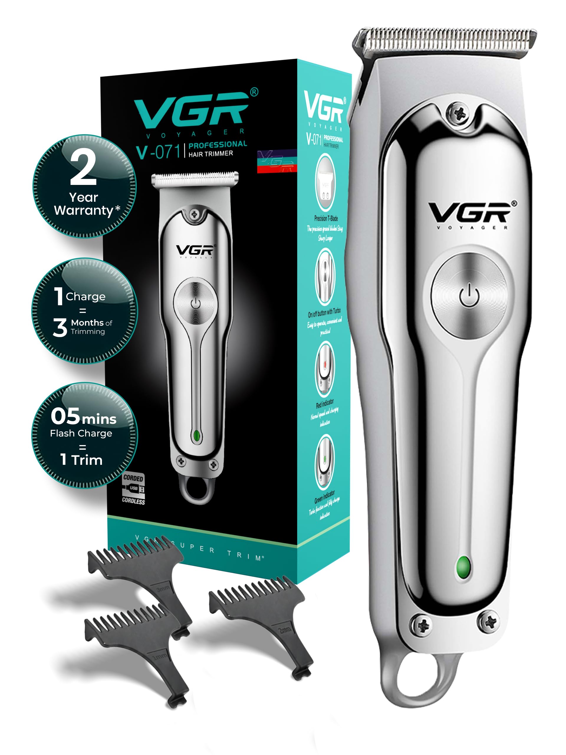 VGR V-071 Cordless Professional Hair Clipper Runtime: 120 Min Trimmer For Men With 3 Guide Combs (Silver) Standard,Battery Powered, 1 Count-image-19