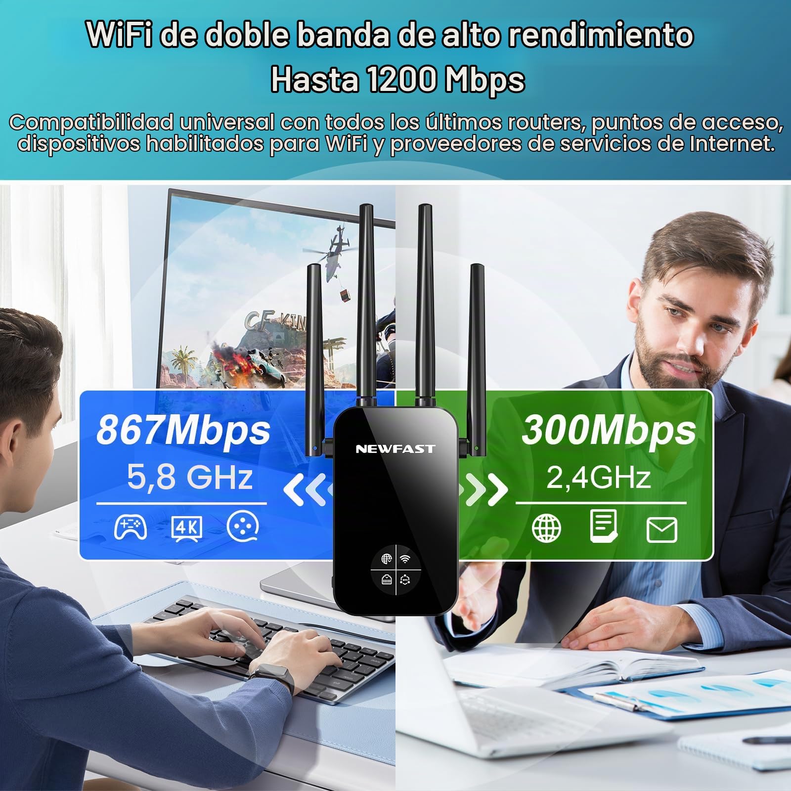 NEWFAST Amplificador Señal WiFi, AC1200 Repetidor WiFi Doble Banda | 5GHz y 2,4GHz, Extensor de Wi-Fi con WPS Botón, Puerto Ethernet, 4 Antena, Pantalla Inteligente, para Casa/Oficina