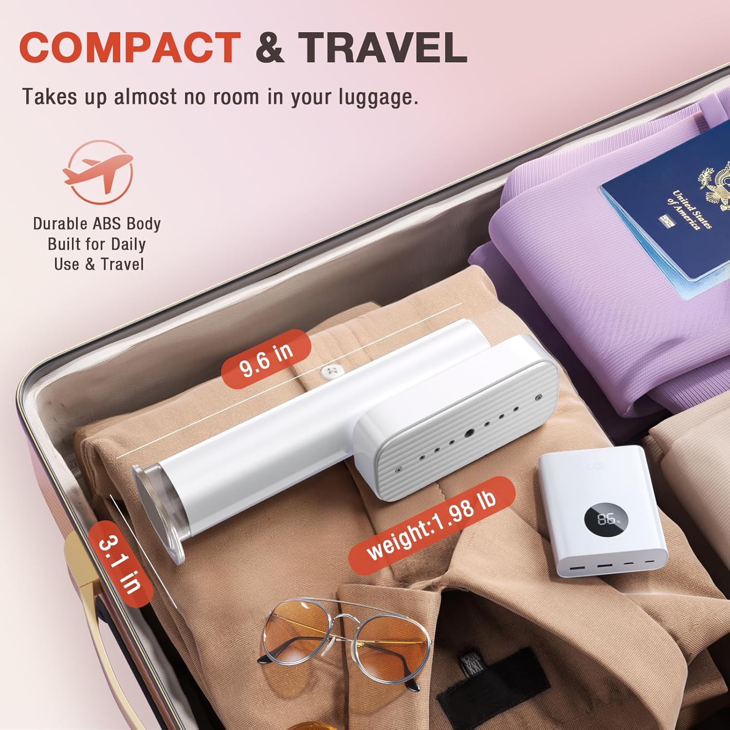 Steamer for Clothes, 2-in-1 Portable Handheld Garment Steamer, Dual Voltage 100-240V, 15s Fast Heat-Up, 90ml Water Tank, Lightweight Portable Garment Steamer, Powerful Wrinkle Remover for Travel/Home