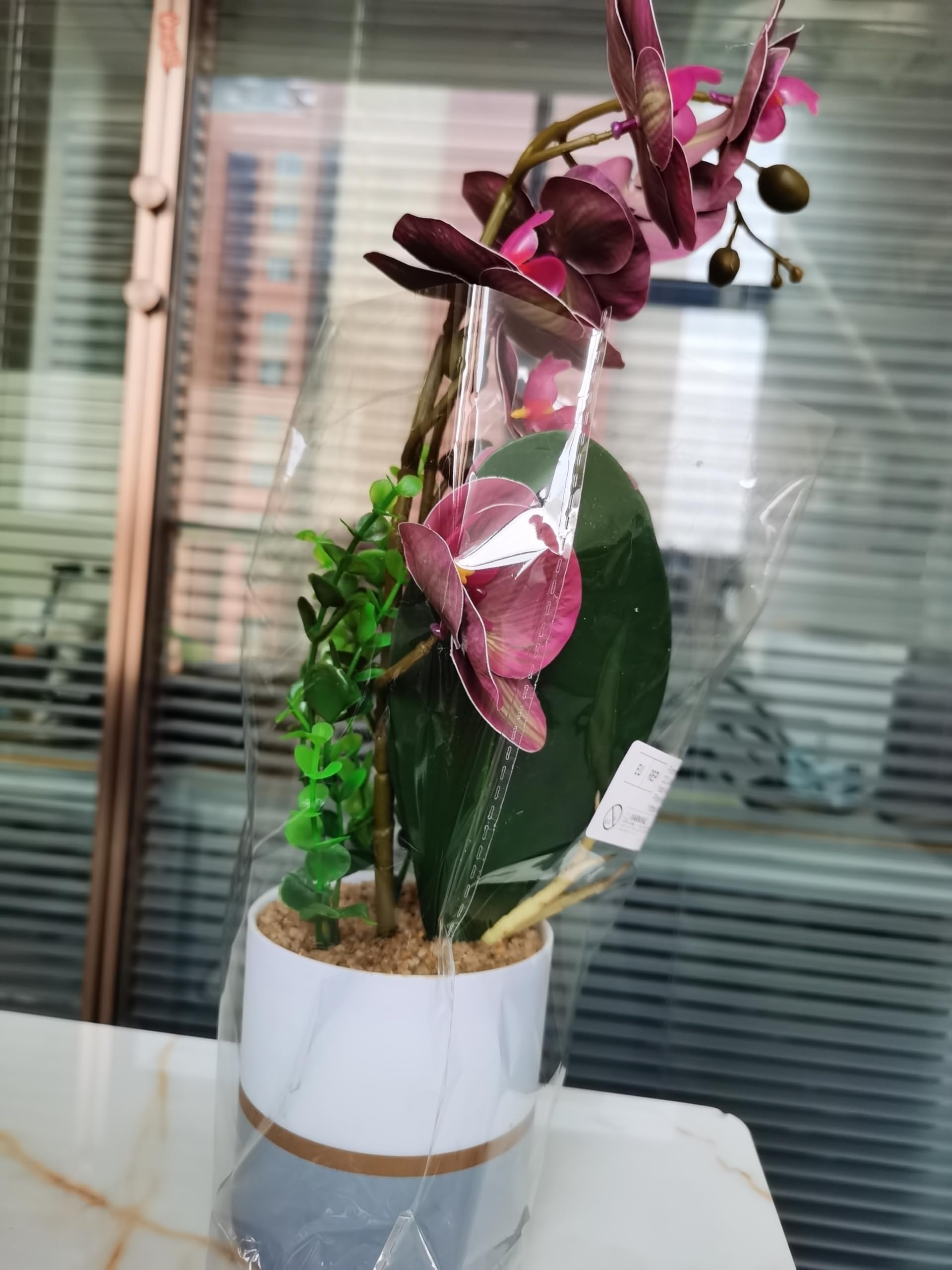 Künstliche Gelbe Zweizackige Orchideenblüte im Topf, Silikon Blumentopf, Phalaenopsis, Achtköpfige Phalaenopsis mit Blumentopf, Eingetopfte Weiße Schmetterlings Simulationsblume (Rot)
