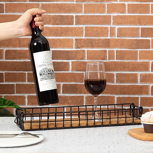 Miniatura 4 de Bandeja de madera marrón rústica con marco de alambre de metal industrial, asas de malla, caja de exhibición rectangular de madera, mesa de cocina,