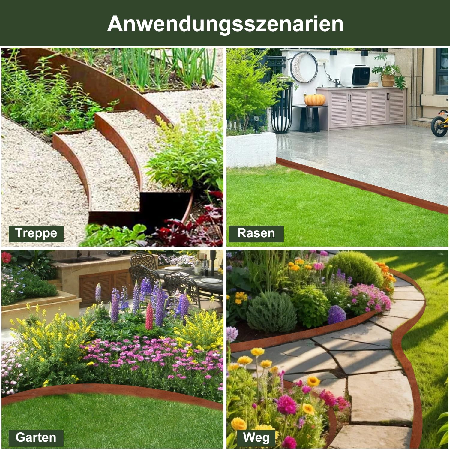 Krawędź trawnika ze stali kortenowej, metalowa, 10 m, 15 cm, wysokość 15 cm, donica na rośliny, pierścienie na rośliny, obramowanie rabatki z rdzą, obrzeże trawnika, krawędź do koszenia, do