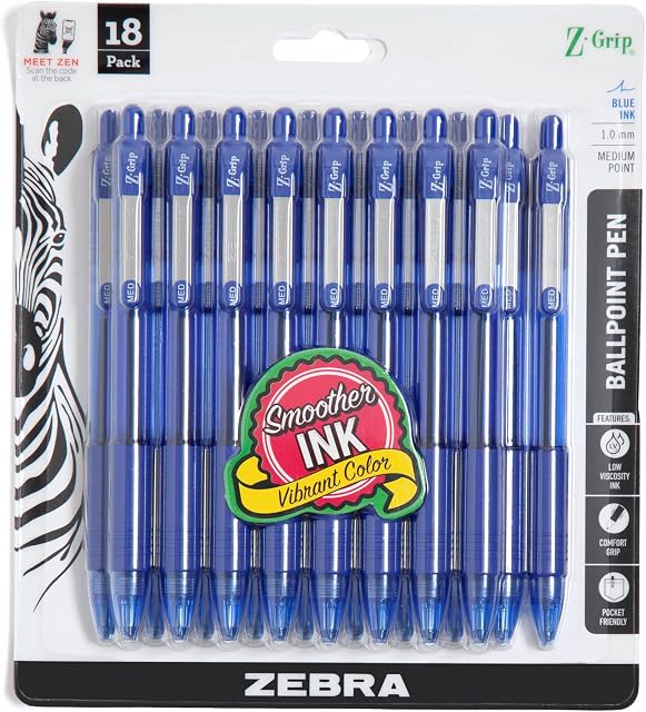 Zebra Pen Z-Grip Point de bille rétractable Pen, Encre bleue lisse, 1.0mm Point moyen, école & Fournitures de bureau, idéales pour les notes, le journal et l'utilisation de planificateur, 18-Pack (22258)