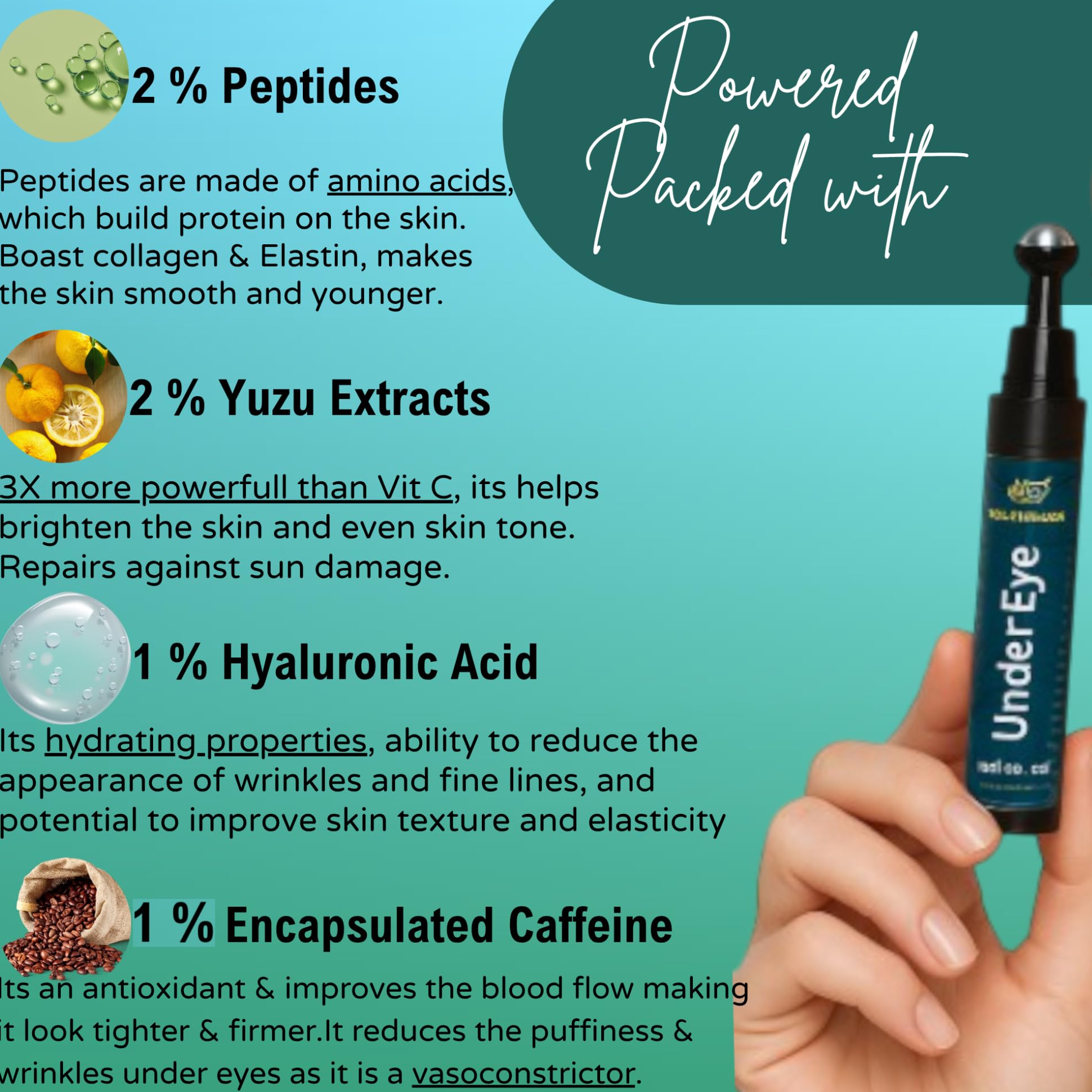 Under Eye Roll-On Gel | Fragrance-Free & Non-Comedogenic Formula with Plant-Driven Ingredients | Helps Reduce Dark Circles, Puffiness & Tired Eyes | With Copper Tripeptide, Arginine Pentapeptide & Caffeine for Men & Women | 15 g (Pack of 1) — Amazon image 3