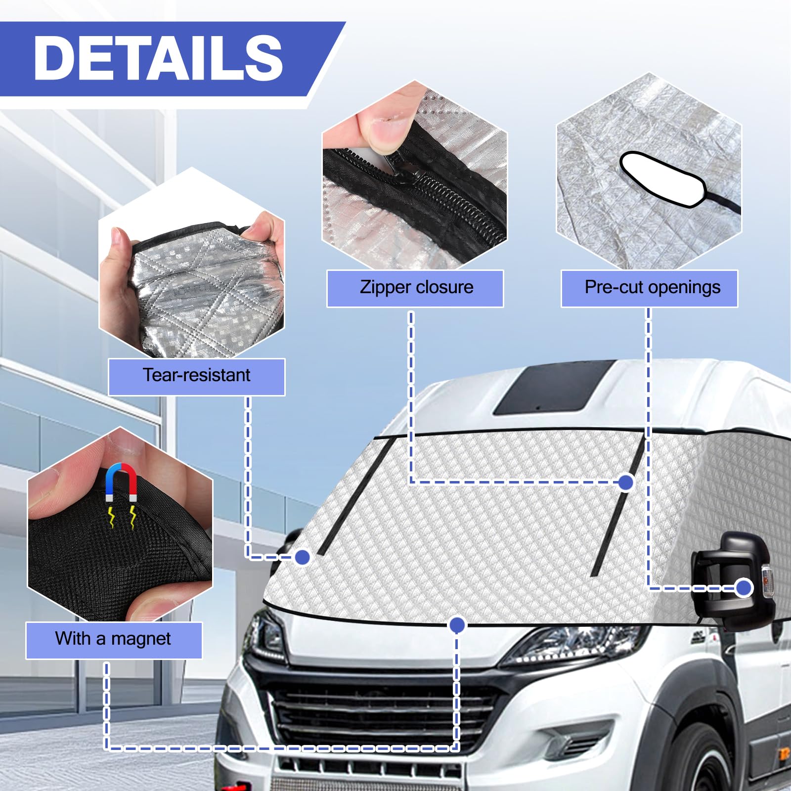 Funda para parabrisas de autocaravana con doble cremallera para Fiat Ducato, Peugeot Boxer, Citroen Relay X250/290, cubierta magnética de aluminio impermeable con aislamiento térmico, resistente