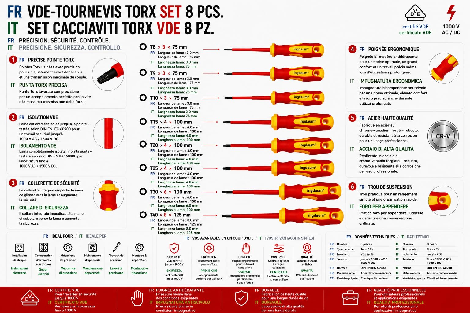 Tournevis Torx VDE TX8,9,10,15,20,25,30 et 40 isolé 1000 V | T8, T9, T10, T15, T20, T25, T30 & T40, Conforme VDE / IEC, Pour installation électrique, À l'unité ou en set