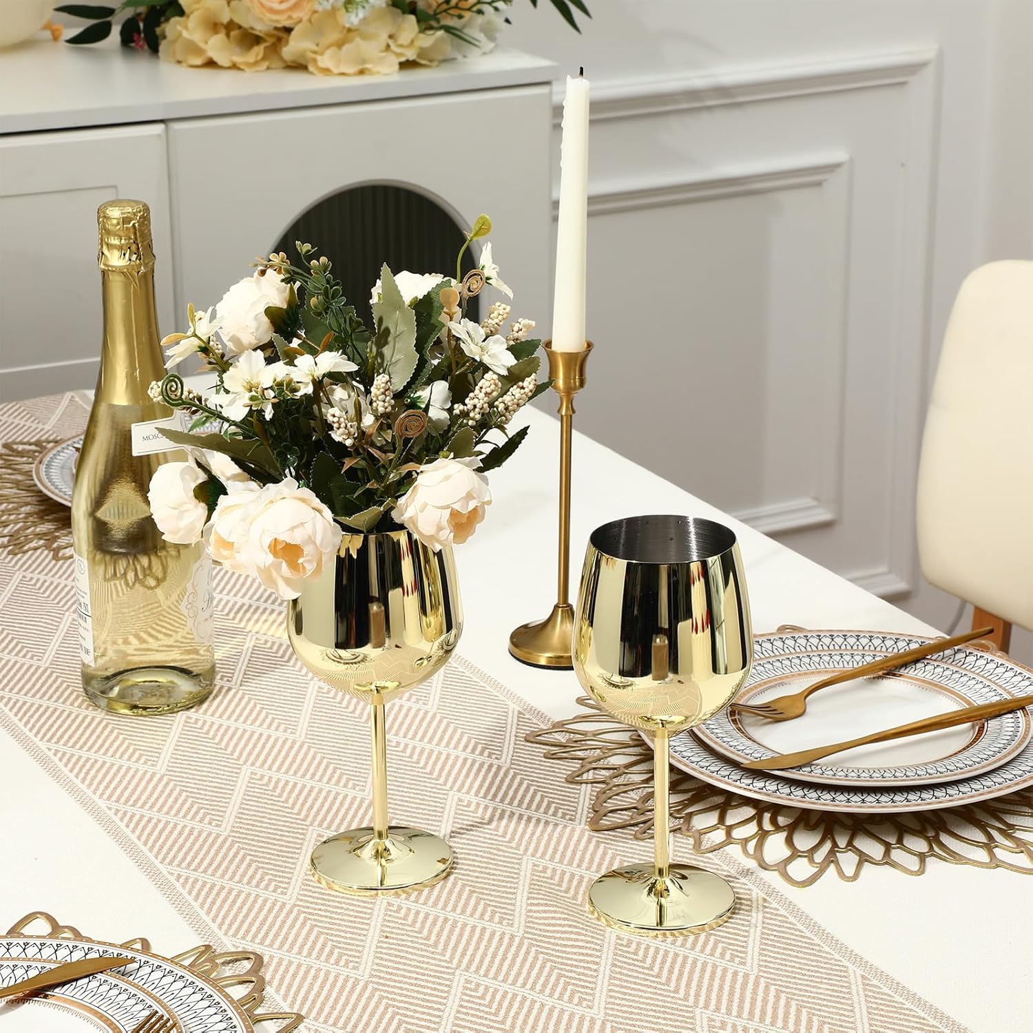 Gold Stem Stainless Steel Wine Glasses Unbreakable Stemware Portable Shatterproof Metal Goblet Glasses Wine Drinkware for Champagne Cocktails Banquet Wedding Party Camping(2 Pack,18oz) - Image 5