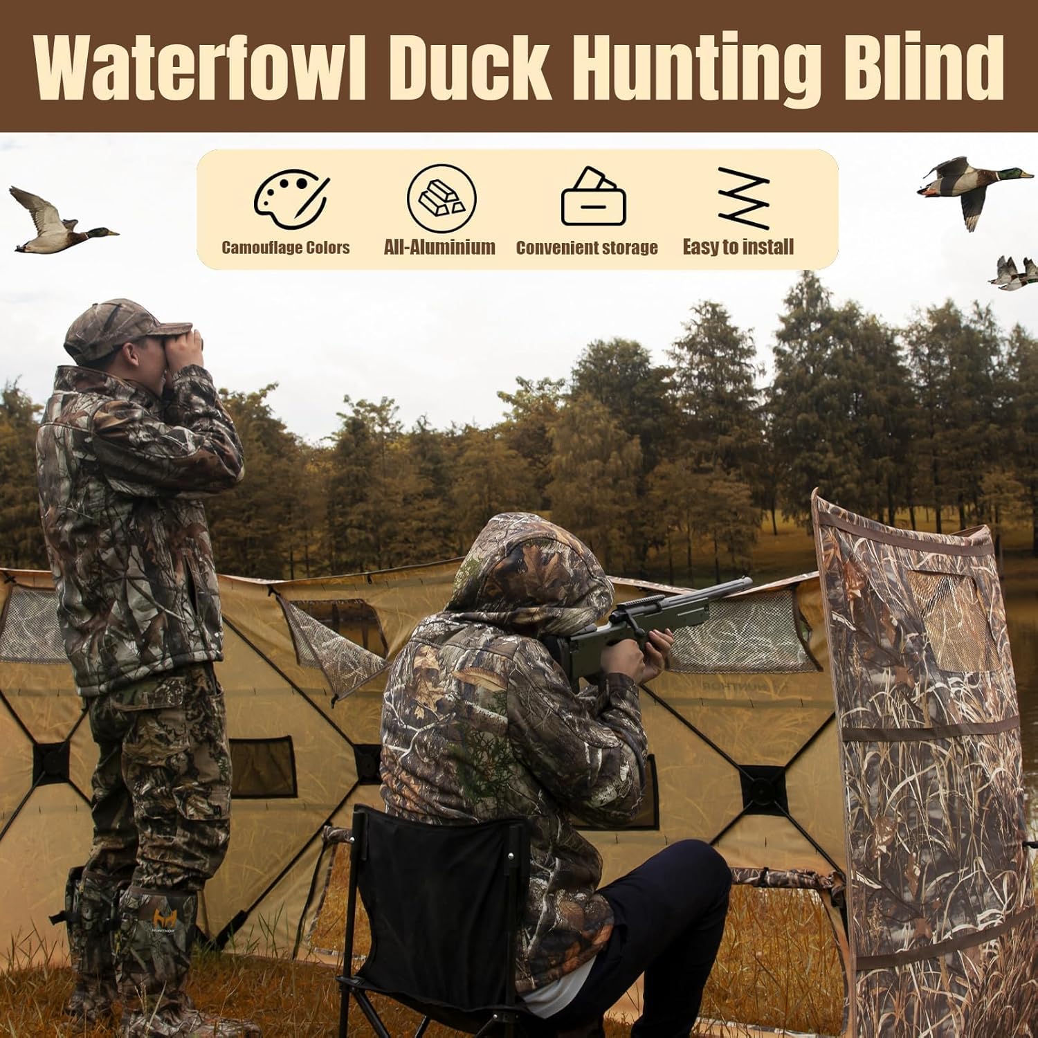 4 Panel Duck Blind Hunting Tent with Dog Door, Pop-Up Waterfowl Blind for 3-4 People, Durable Field Duck Dove Bush Hunting Tent with Carry Bag (Camo)