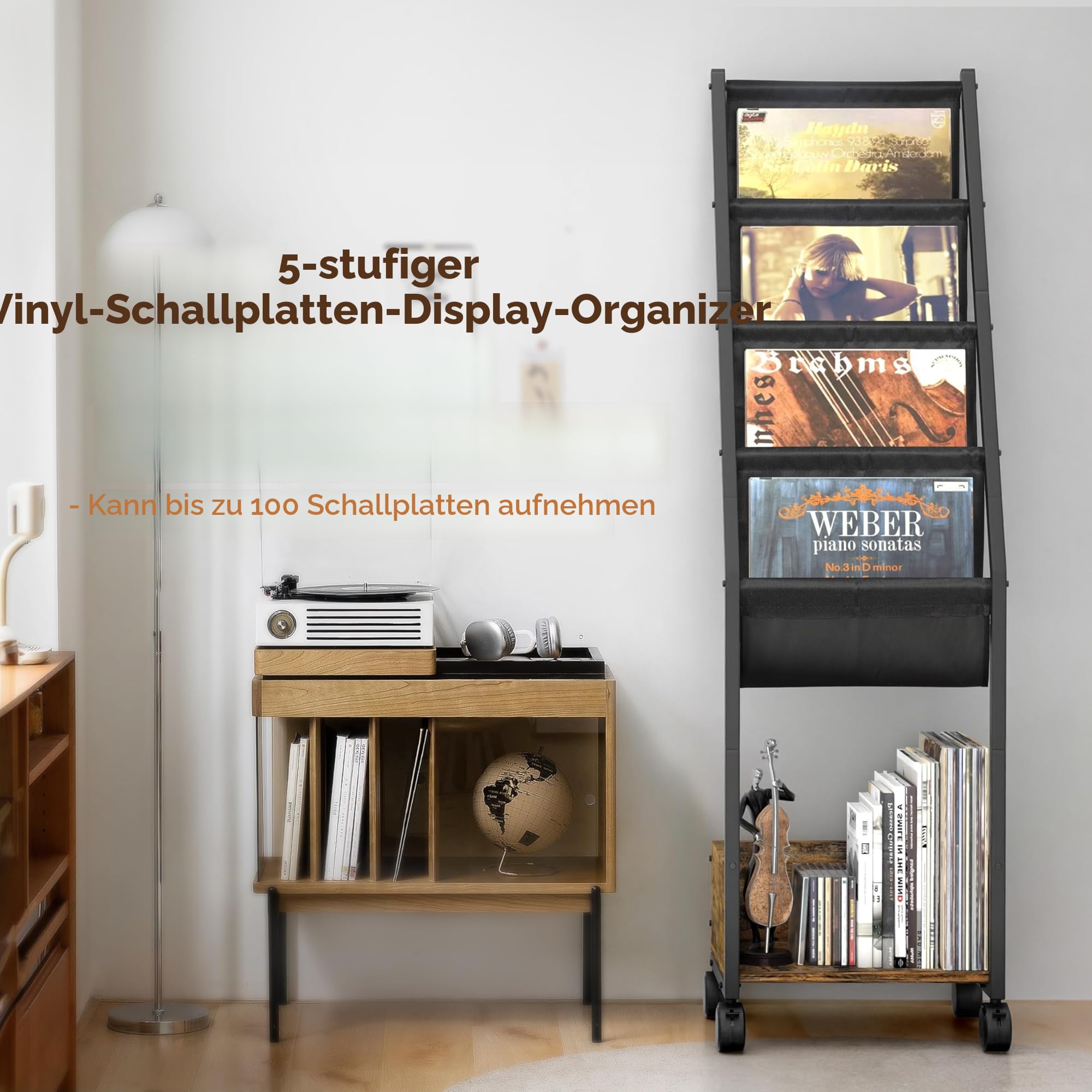 Schallplattenständer Vinyl Schallplattenhalter Bis zu 150 Alben Schallplatten Aufbewahrung Mit 4 -Tier Schallplattenhalter für Vinyl-Schallplatten, Plattenspieler Ständer Beistelltisch Nachttisch