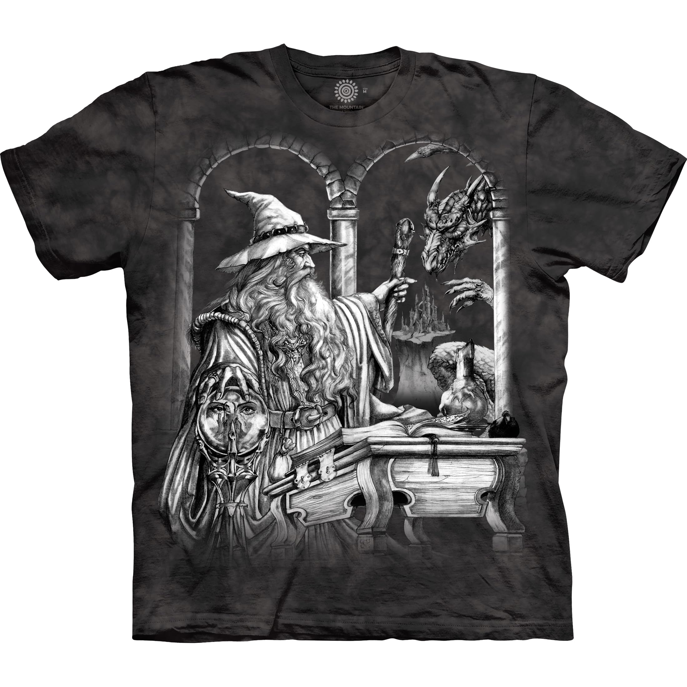 The Mountain Wizard and Dragon Shirt for Men, Fantasy Graphic Tees Men, Mythical Creature Oversized T-Shirt, Black, XXXXXL
