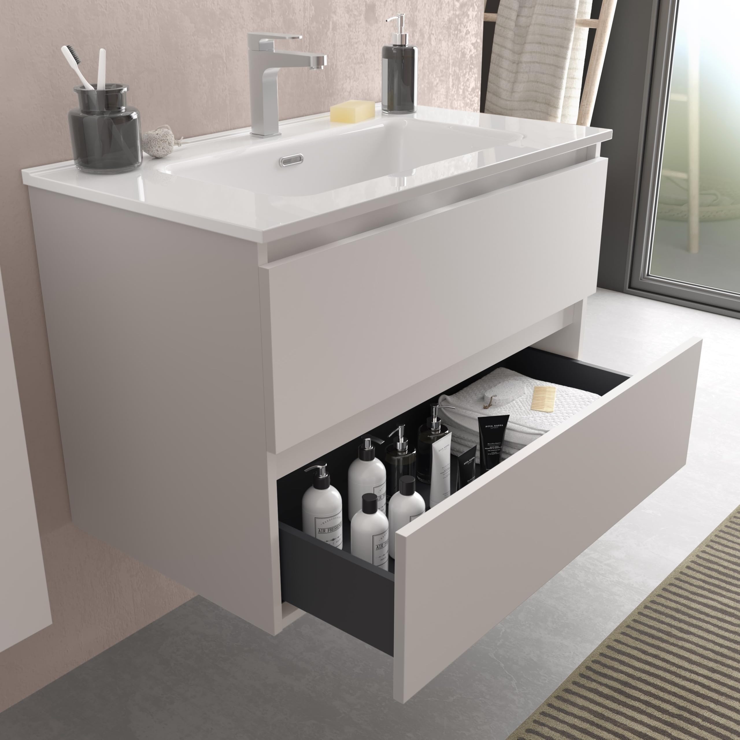 Mueble de baño Bequia 80 cm con Lavabo 100% montado de fábrica | Acabado Blanco Mate suspendido 2 cajones Cierre amortiguado Apertura con uñero | Lavabo Porcelana Blanca | Marca Salgar