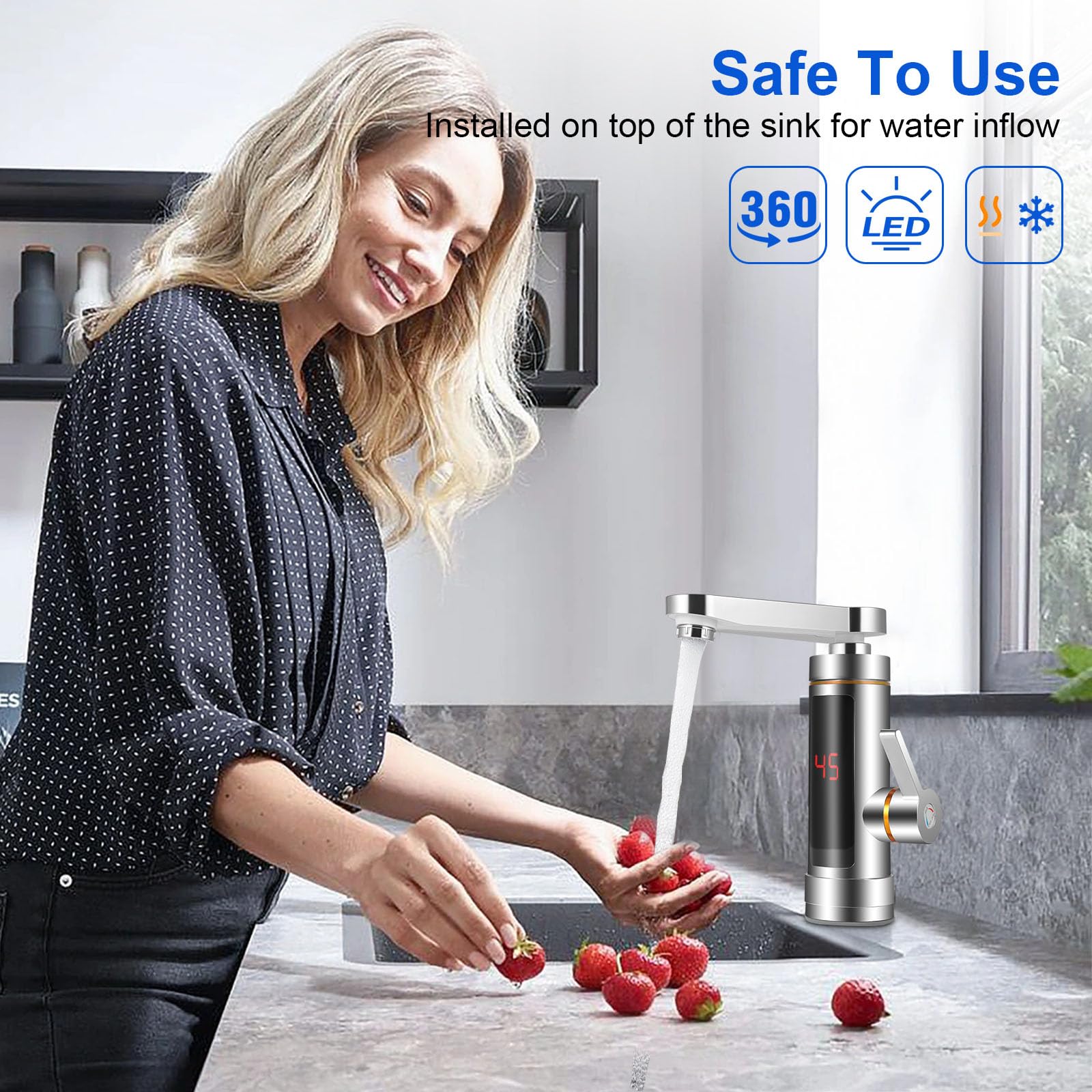 Grifo eléctrico instantáneo, grifo de calentador de agua eléctrico, indicador de temperatura LCD, mezcla de 360°, grifo de cocina giratorio, grifo de agua instantáneo