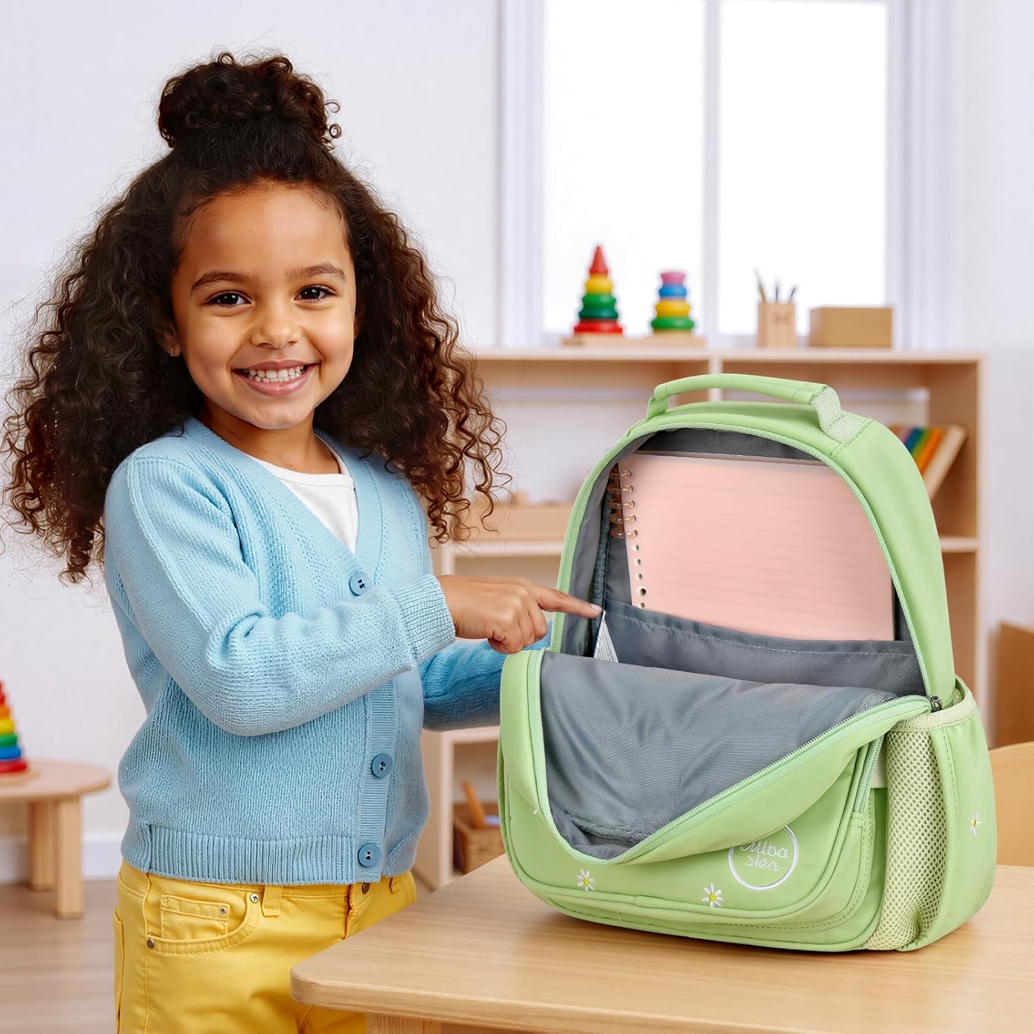 mibasies Toddler Backpacks for Girls 2-4: Quilted Backpack for Preschool Prek Daycare - Cute 12 Inches Bookbag for Little Kids Daisy Green