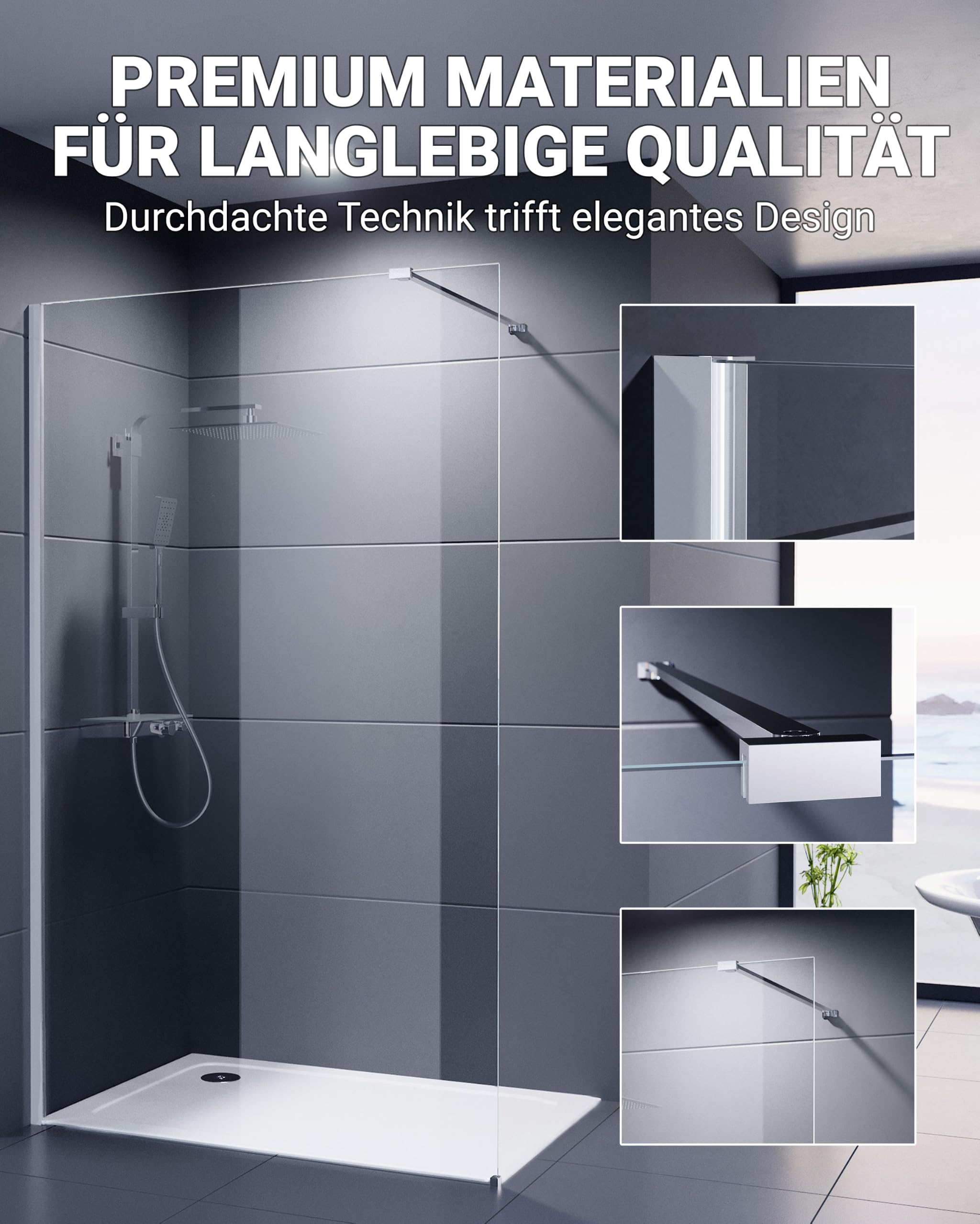 Duschwand 120x200 cm Palladium Walk In Neo 8 mm Glaswand mit Nano Clean Beschichtung Glasversiegelung Duschabtrennung Duschkabine begehbare Dusche 1200 x 2000 mm (116-117,5 cm)