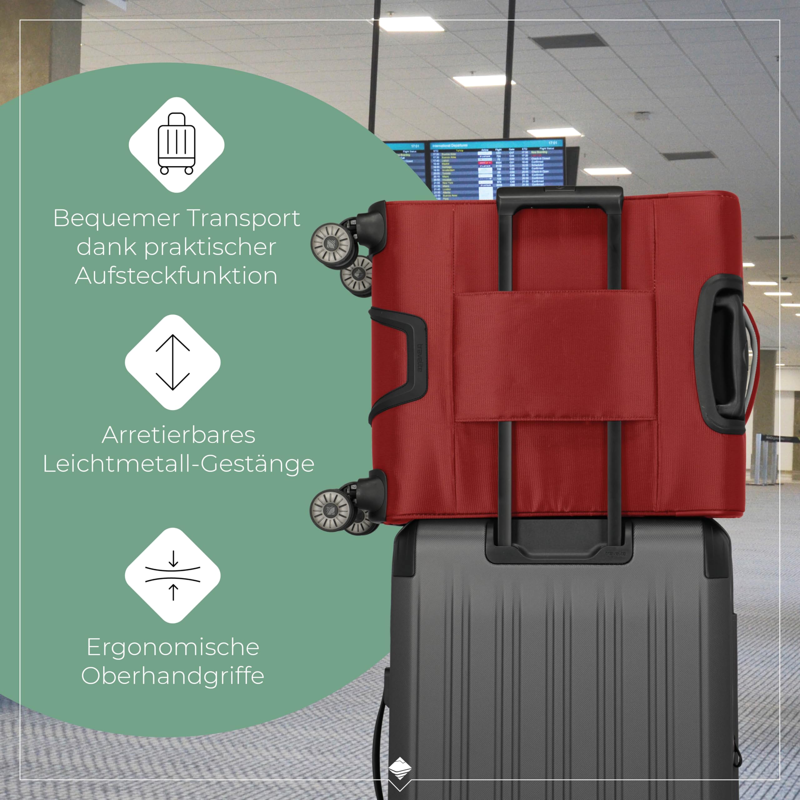 travelite valigia a mano con 4 rotelle per Lufthansa, Austrian + Swiss, serratura a combinazione integrata, trolley da cabina compatto con funzione di aggancio, 55x40x23 cm, 41 l, 2,5 kg