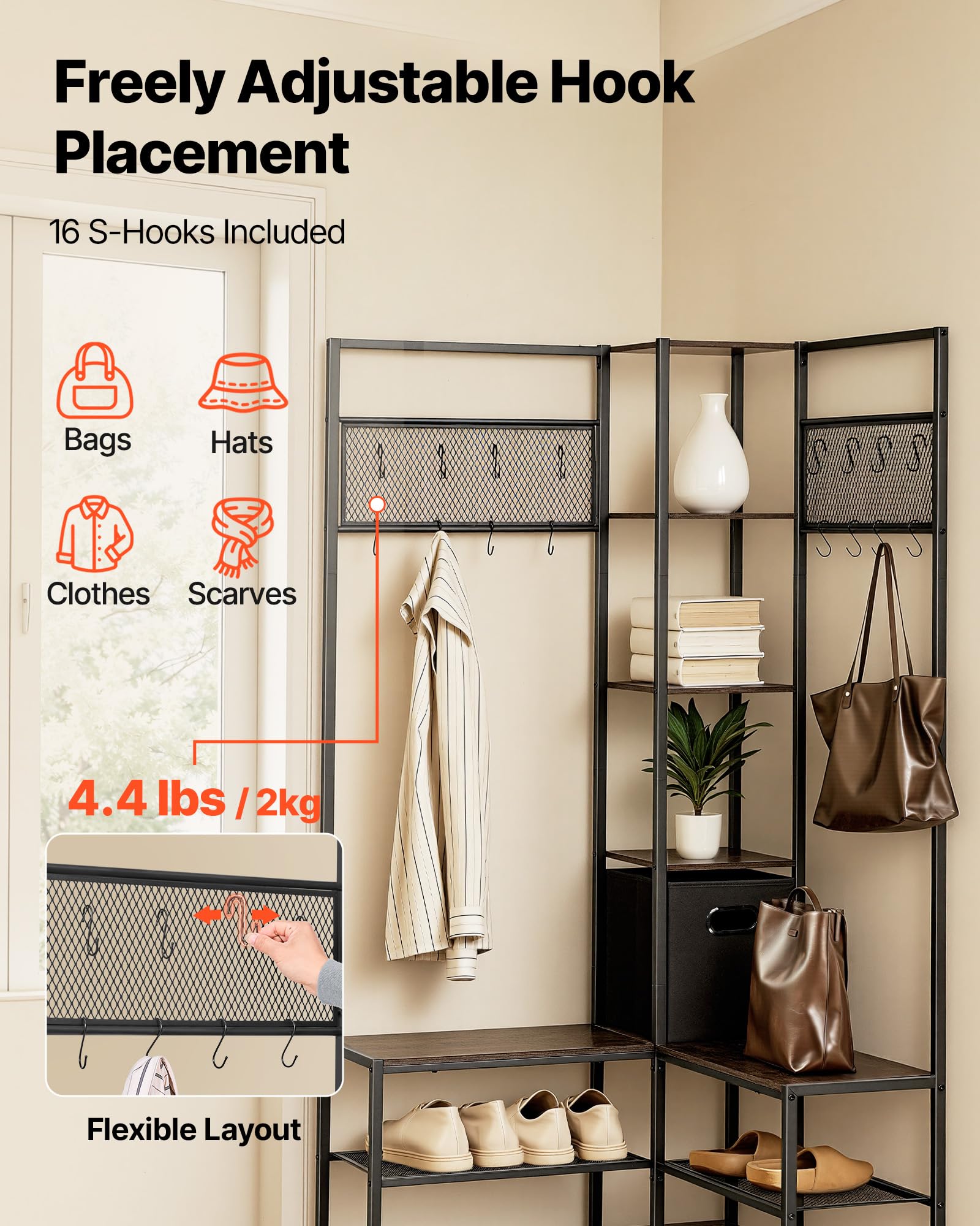 VEVOR Perchero de Esquina 180 cm, Organizador de Ropa con Ganchos Banco Zapatero y Estantes para Abrigos Bolsos Calzado, Armario Abierto para Entrada Pasillos Dormitorio Salón, Marrón Rústico y Negro