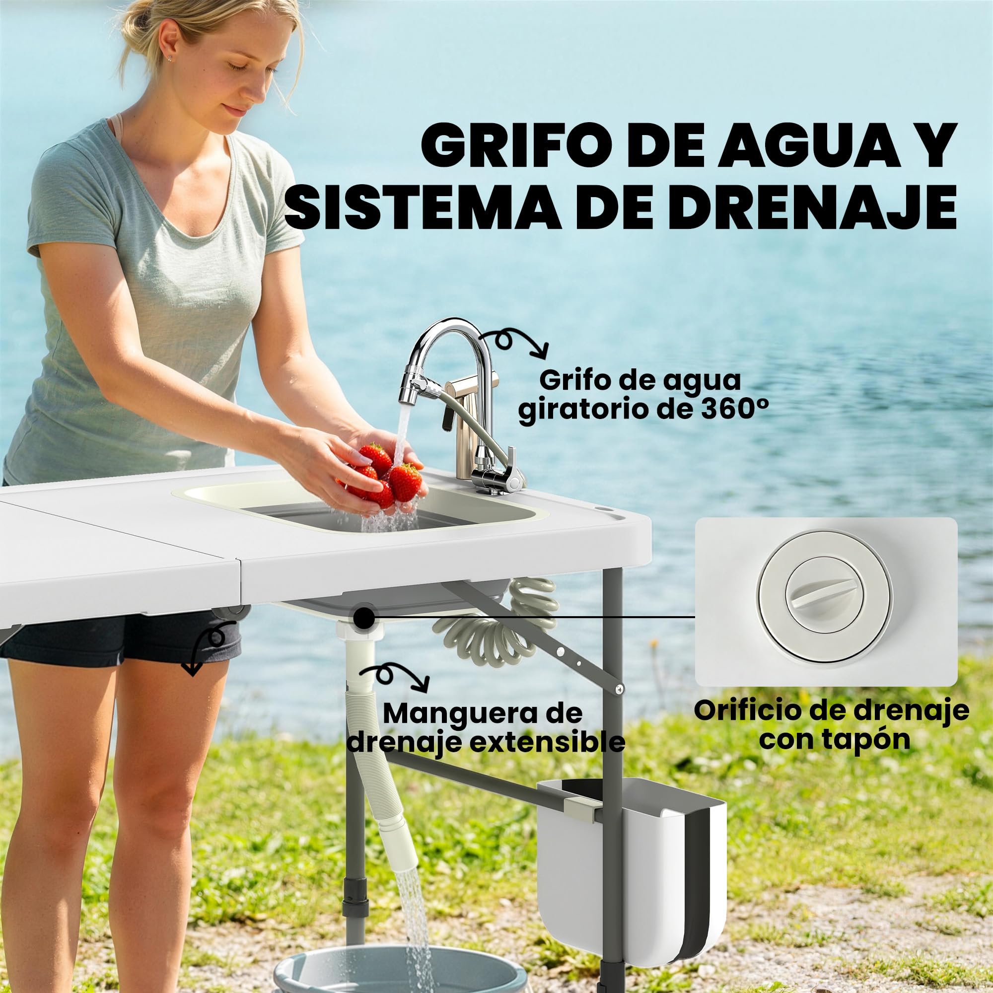 Outsunny Table de Nettoyage Portable pour Poissons, Table Pliante de Camping à Hauteur réglable, Robinet, évier et Panier Pliables, Tuyau, Sac de Transport, règle, rainures, Station de Nettoyage pour