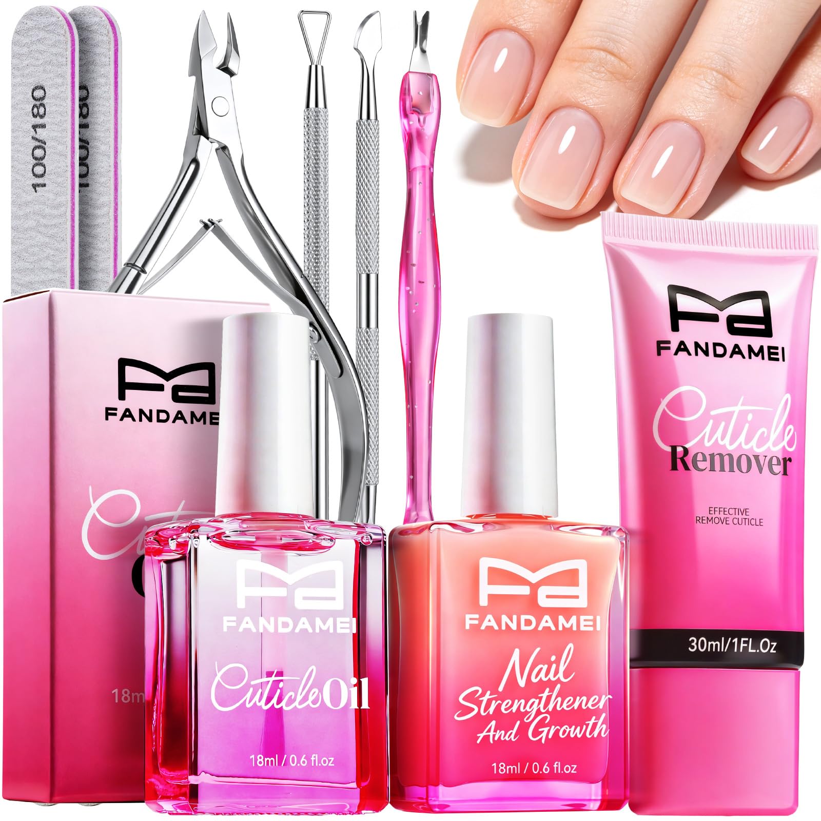 FANDAMEI Nail Care Kit for Women, Cuticle Remover Tools with Cuticle Softener, Scented Oil, Nail Strengthener and Growth Pink Polish, Manicure kit Cuticle Tools Nippers, Pushers, Nail File for Prep