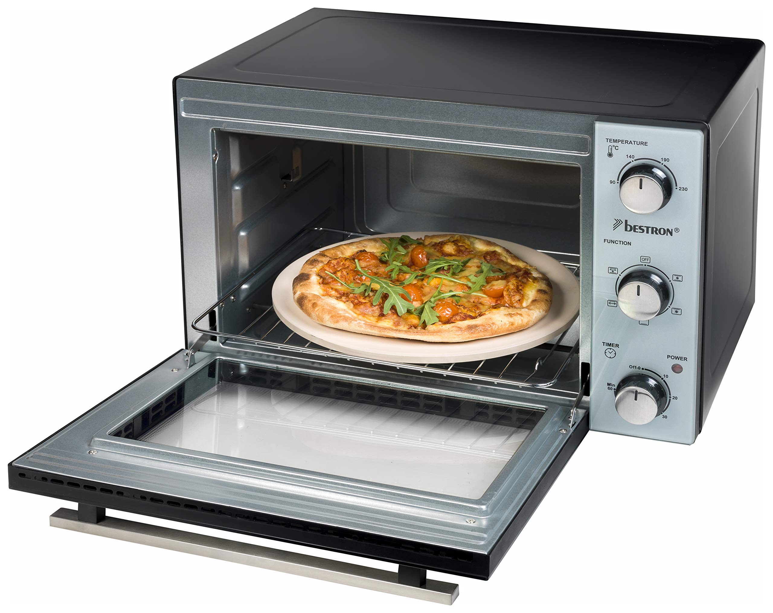 Bestron Mini Horno con Pincho Giratorio y Piedra para Pizza, 31 Litros, 1500 Vatios, Acero Inoxidable