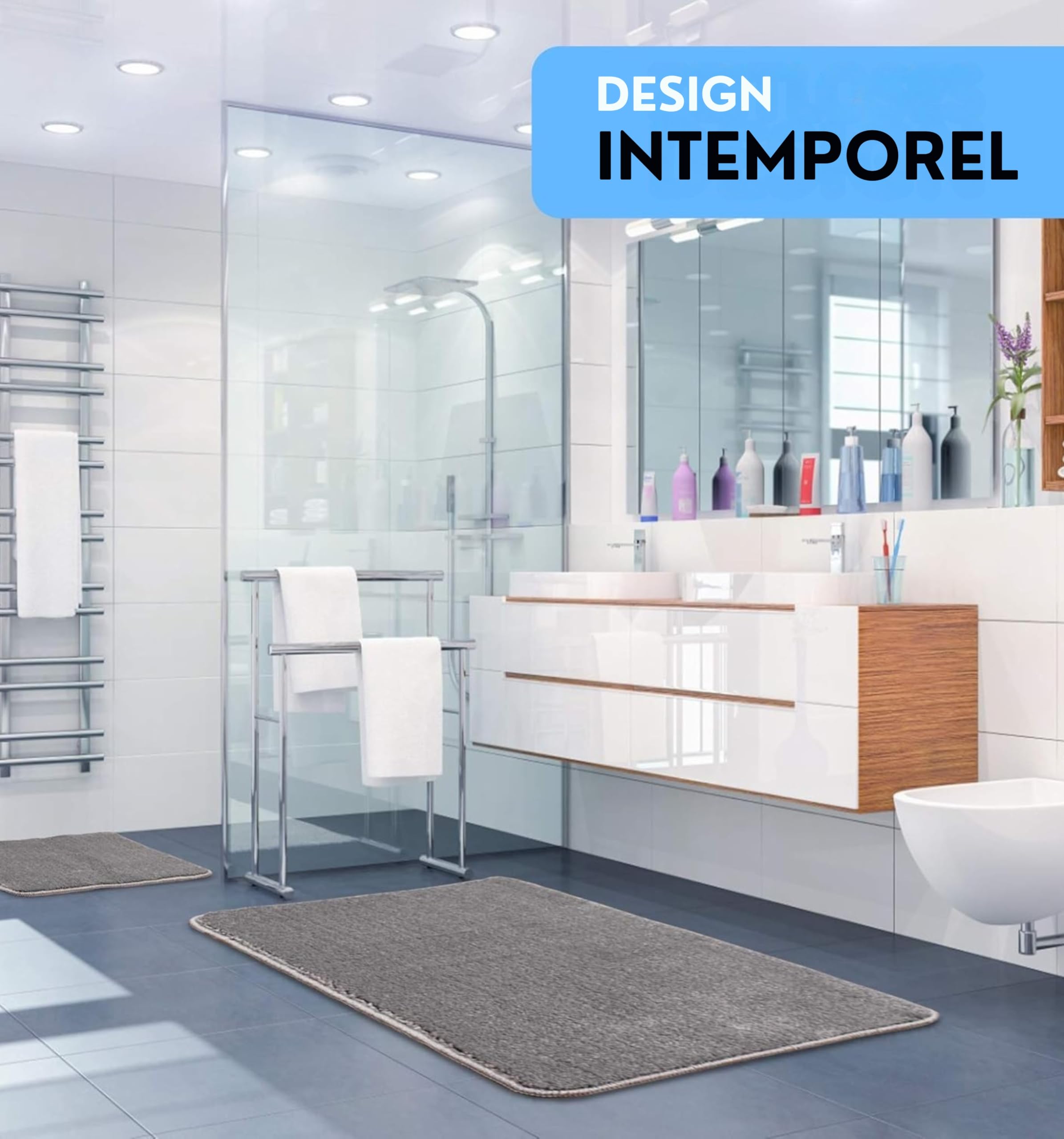 Sentidos Tapis de Bain Antidérapant Certifié Öko-Tex, Tapis de Salle de Bain en Polyester à Poils Longs, Contour en Polypropylène, Premium et Moelleux (80x150 cm) - Gris