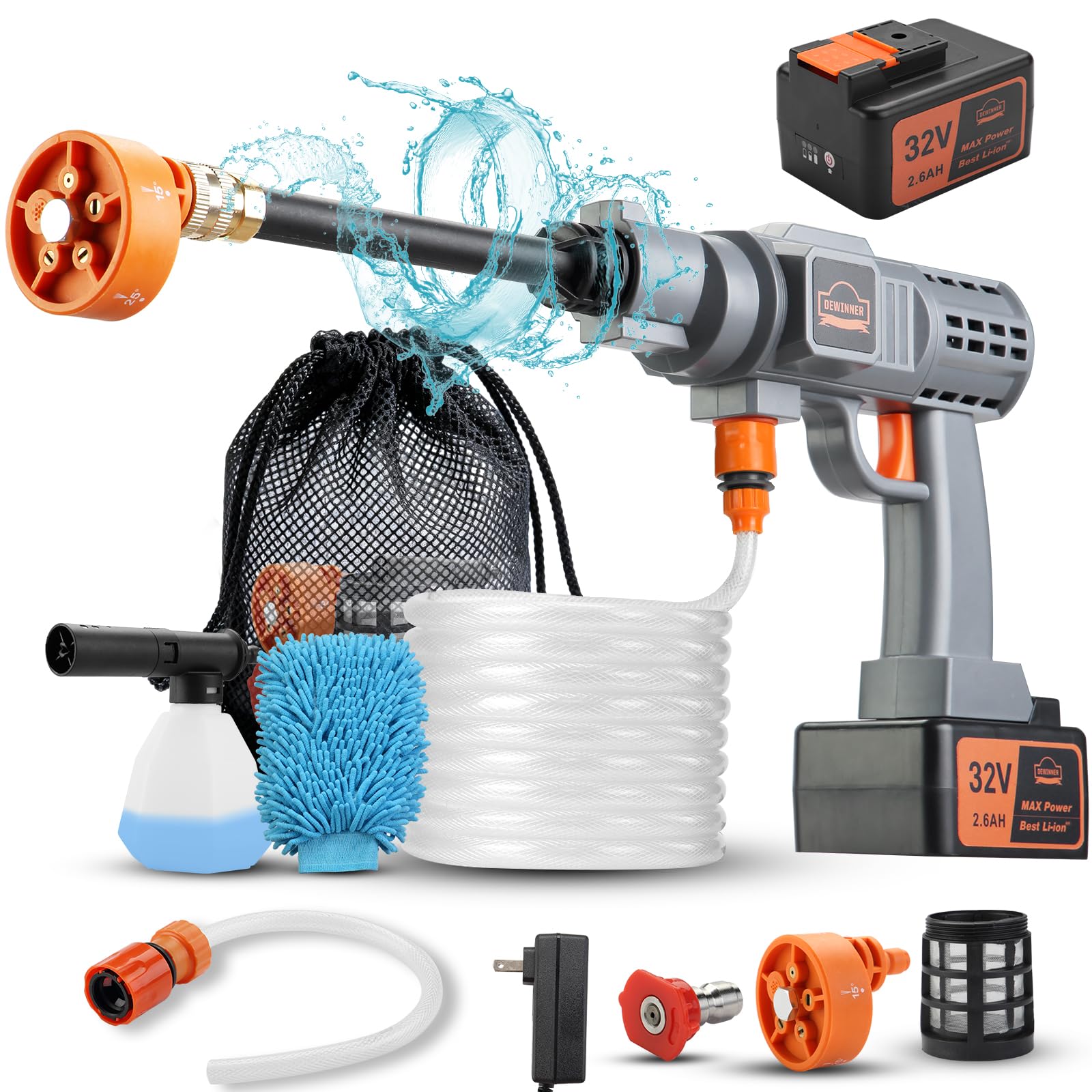DEWINNER 32V Cordless Battery Powered Pressure Washer, 700PSI Portable Pressure Washer with 5-in-1 Adjustable Nozzle Suitable for Washing Cars/Fences/Siding