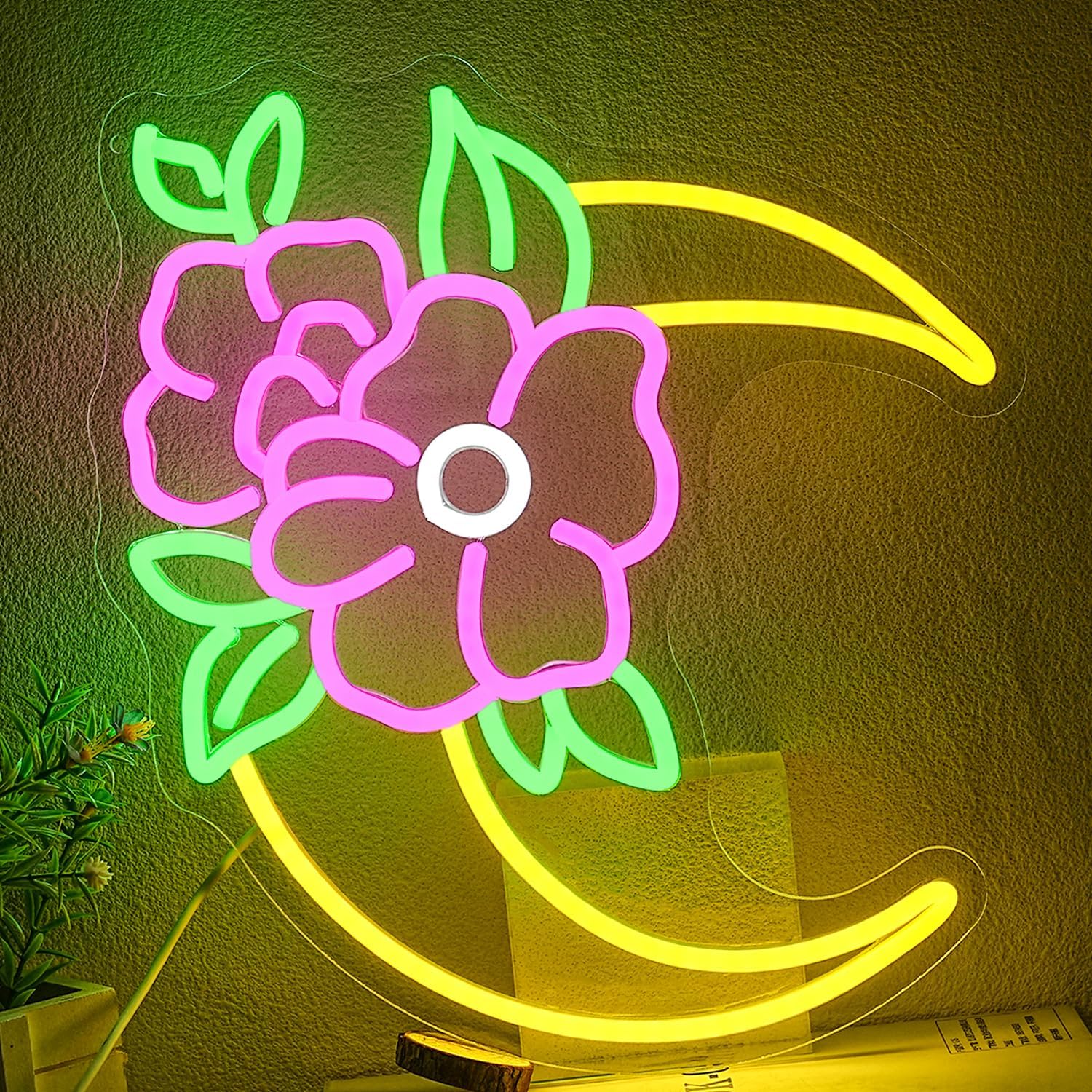 Flower Moon Neon Sign for Wall Decor Mother's Day Gift Neon Light for Mom Flower Led Signs Colorful Neon Light Up Sign Gift for Women Florist Decor