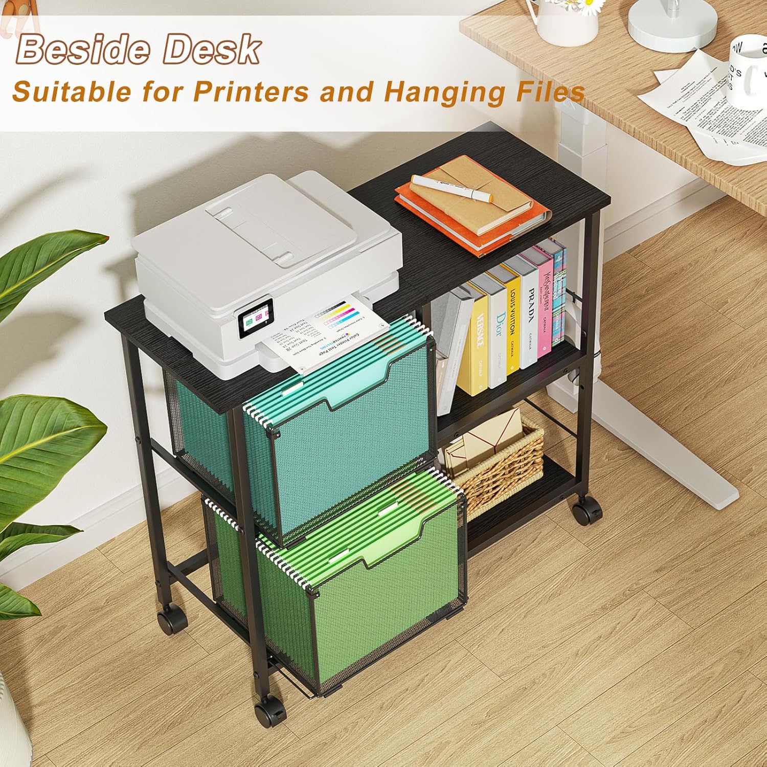 2 Drawer File Cabinet, Lateral Filing Cabinet, Rolling Printer Cabinet Cart with Open Storage Shelf, Office Storage with Wheels, Home Furniture, Black image 6 of 9 B0F9W3HD2H