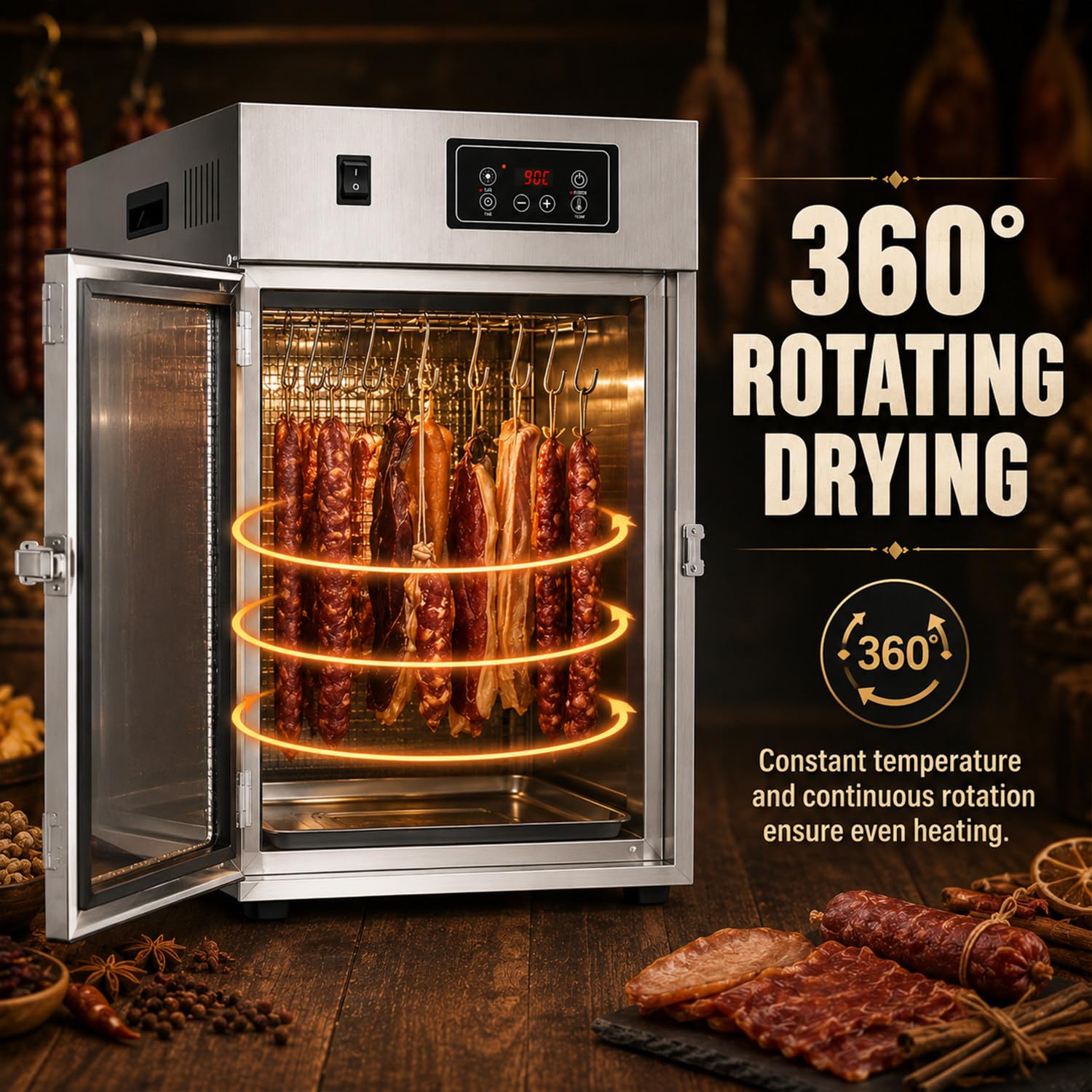 Reifeschrank Für Fleisch, Drehbarer Fleischtrockner, Dry Ager Reifeschrank, Edelstahl, 0–90 °c Einstellbar, Mit 14 Haken Und LED-Bedienfeld, 7,5 Kg Fassungsvermögen, Für Wurst, Bacon, Hähnchen