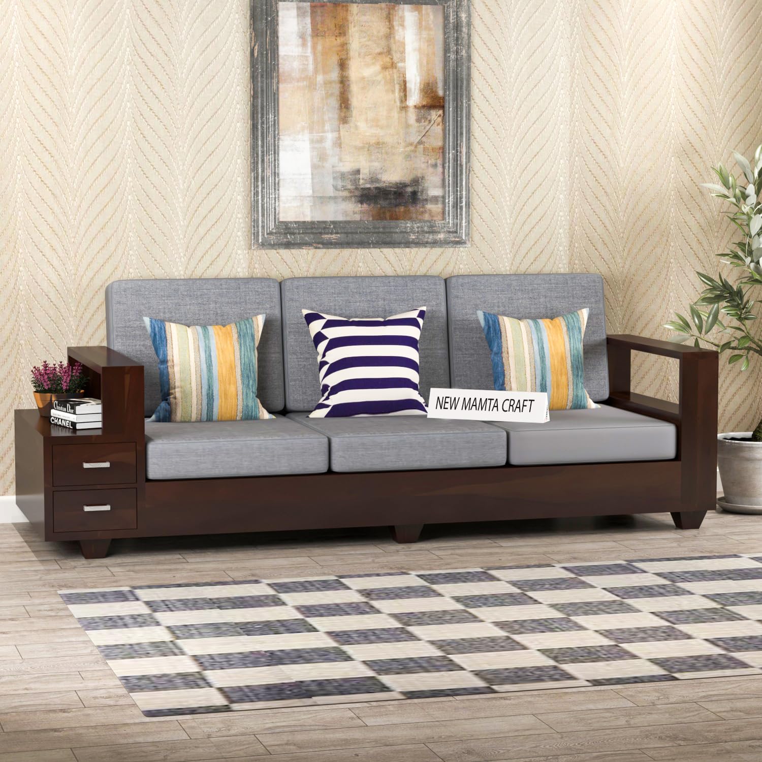 NEW MAMTA CRAFT Sheesham Wood 3 Seater Sofa | 3 Seater Sofa with 2 Drawer Storage | Wooden Sofa Set Furniture for Living Room Home Office (40 Density Cushion,Walnut Finish)-image-23
