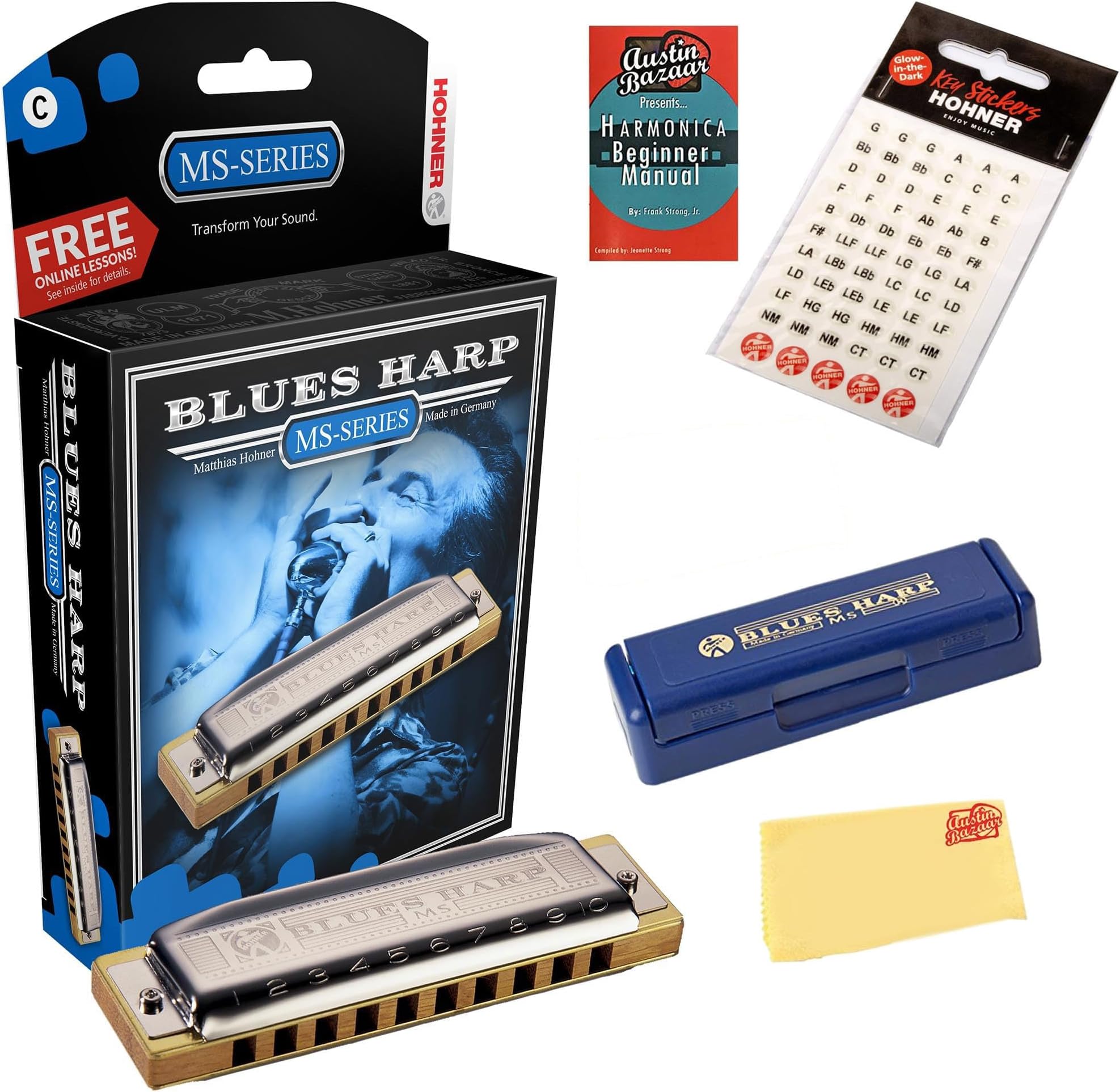 Hohner 532 Blues Harp MS Harmonica - Key of E Bundle with Case, Key Stickers, Harmonica Beginner Online Manual, and Austin Bazaar Polishing Cloth