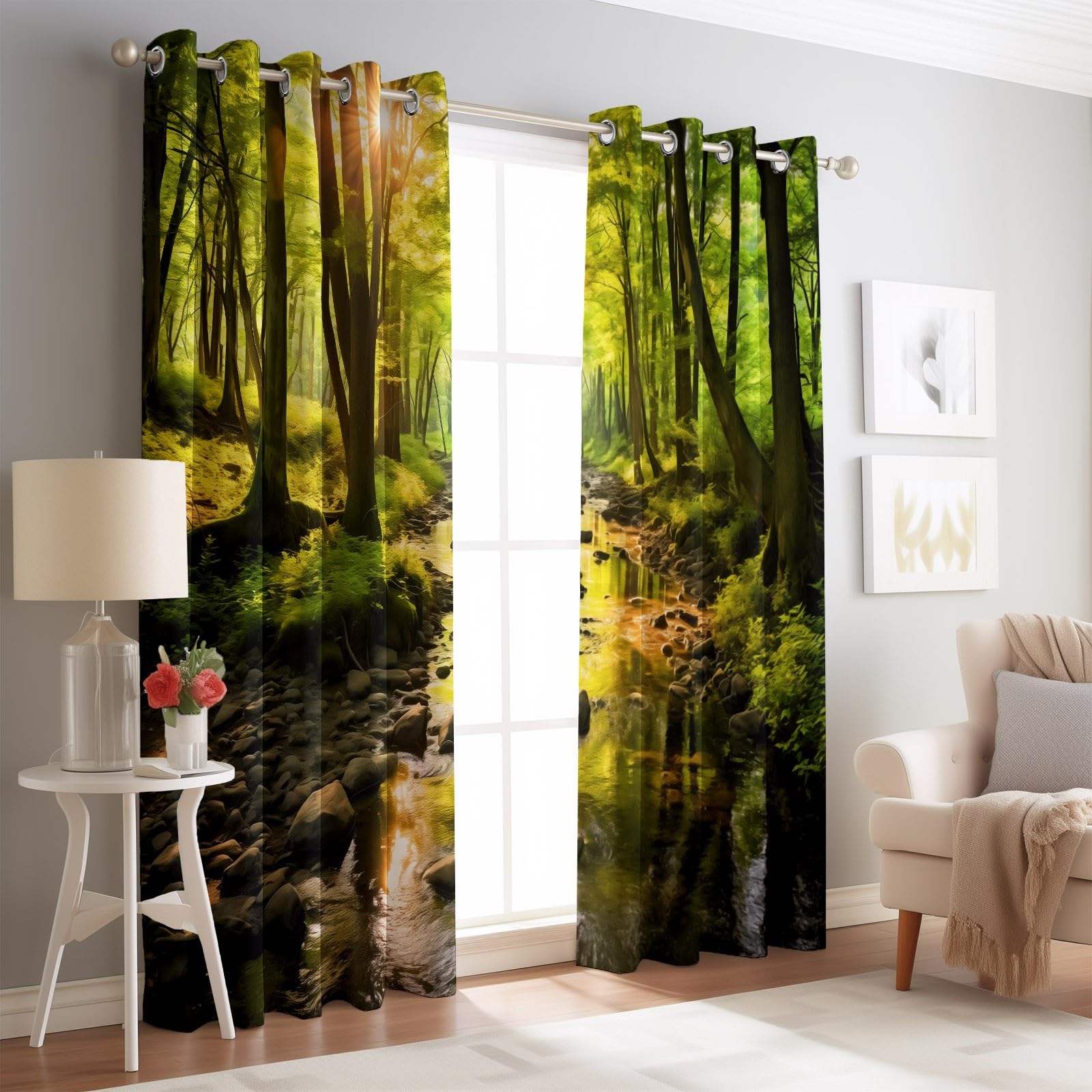 Zasłony zaciemniające do wnętrz - Natura las ze strumieniem, zasłona zaciemniająca do sypialni, 117 x 229 cm (2 panele), ciemnozielone, izolowane termicznie, zasłony z oczkami do biura i salonu