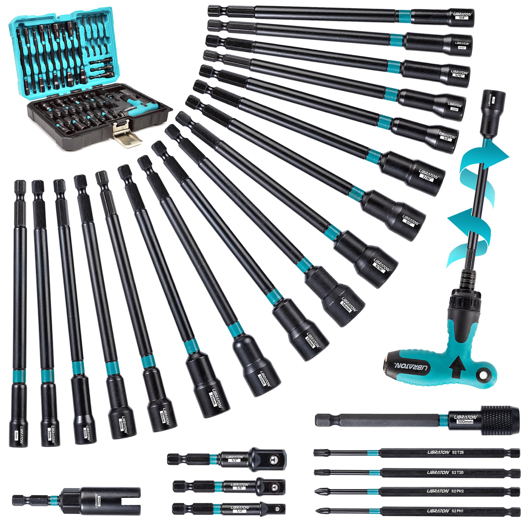 Libraton Black 27Pcs Magnetic Nut Driver Set Impact With Ratcheting T Handle, Metric & Sae Long Impact Driver Bits, Socket Adapters, Wing Nut Driver, Bit Holder