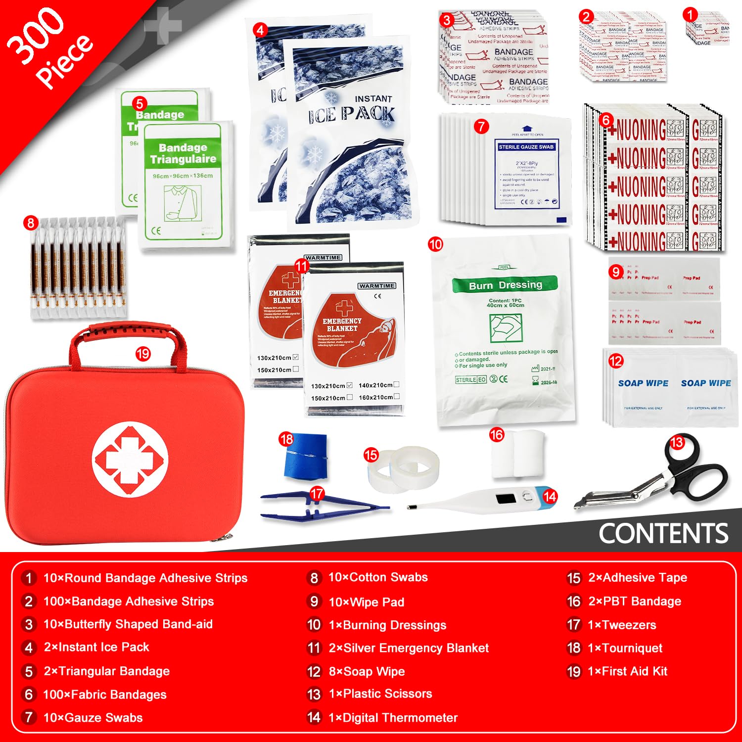 Kit de primeros auxilios para el hogar de 300 piezas para senderismo, coche, kit de emergencia para el hogar, bolsa de mano de primeros auxilios, estuche multiuso, equipo de mochilero al aire libre