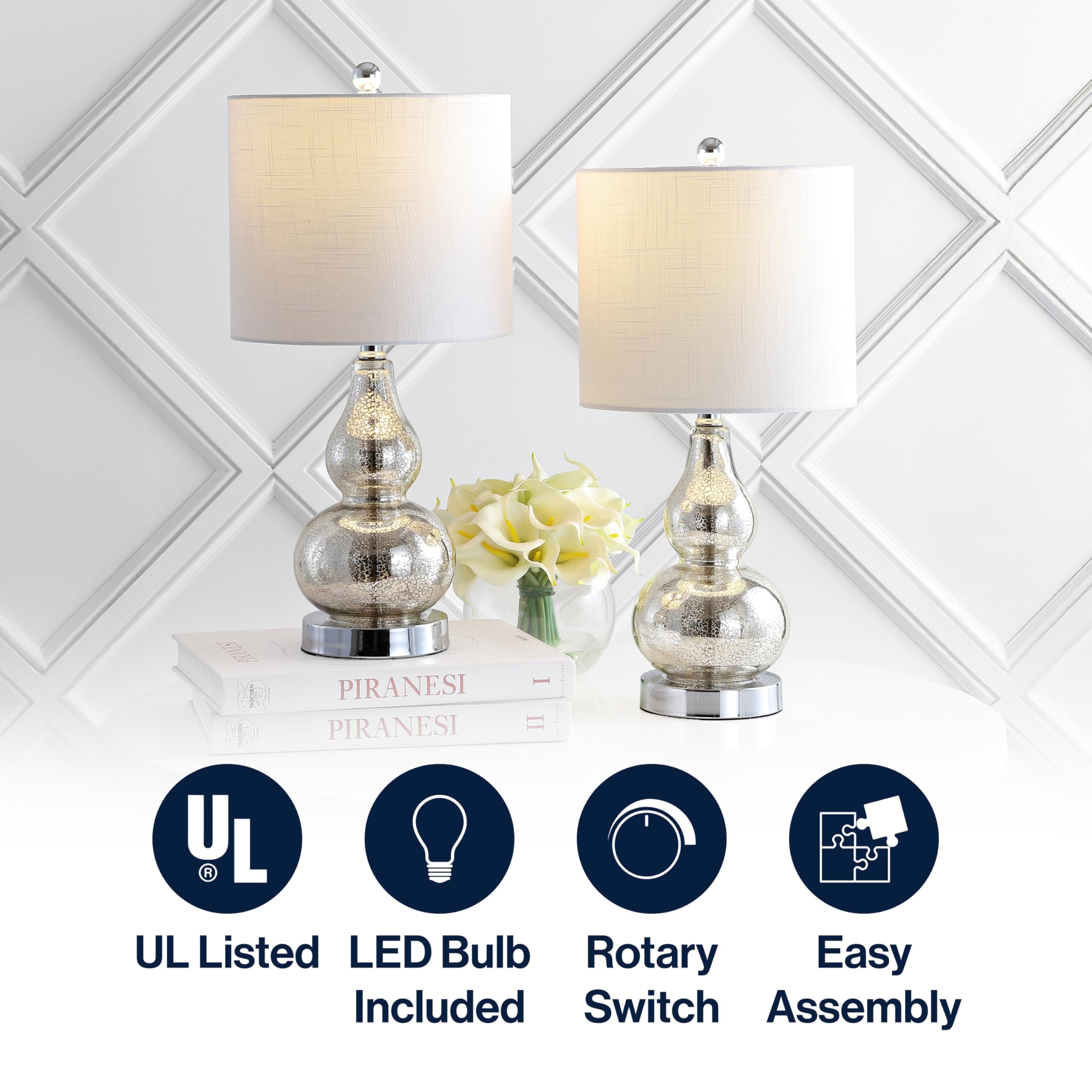JONATHAN Y Anya Gourd Glass Table Lamp 20.5 Mercury Silver Set of 2 | Modern White Linen Drum Shade Bedside Nightstand LED Bulbs Included Chrome Metal Base product thumbnail 7