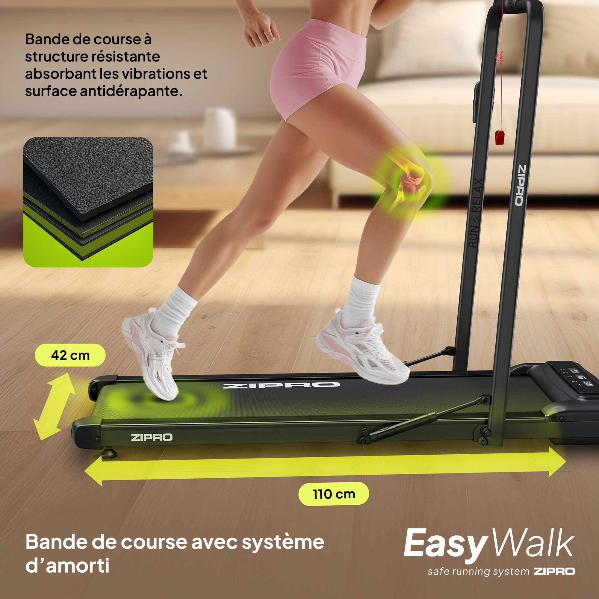 ZIPRO Newlite Tapis de Course Pliable, Walking Pad, Deux Modes d’Entraînement, Design Compact FlatFold, Vitesse 1-10 km/h, Capacité jusqu'à 110 kg, Amorti Easy Walk, Moteur Silencieux, Écran LED