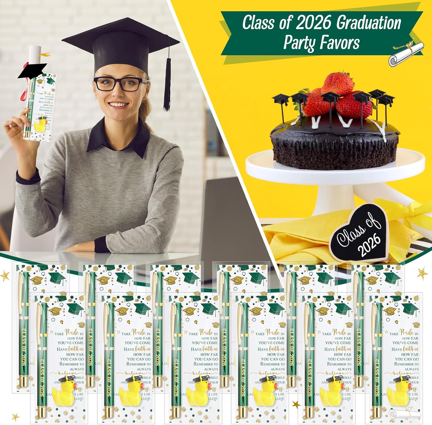 Sayglossy 30 Sets Graduation Gifts Bulk 2026 Gel Ink Pen Mini Card Cap Yellow Resin Duck Graduation Party Decorations Favors(Green)