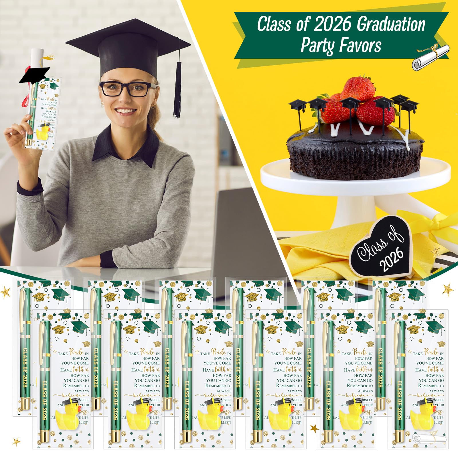 Sayglossy 30 juegos de regalos de graduación a granel clase de 2025 bolígrafos de tinta de gel, minicarjetas de resina amarilla, decoración de fiesta de graduación, recuerdos para estudiantes (verde)