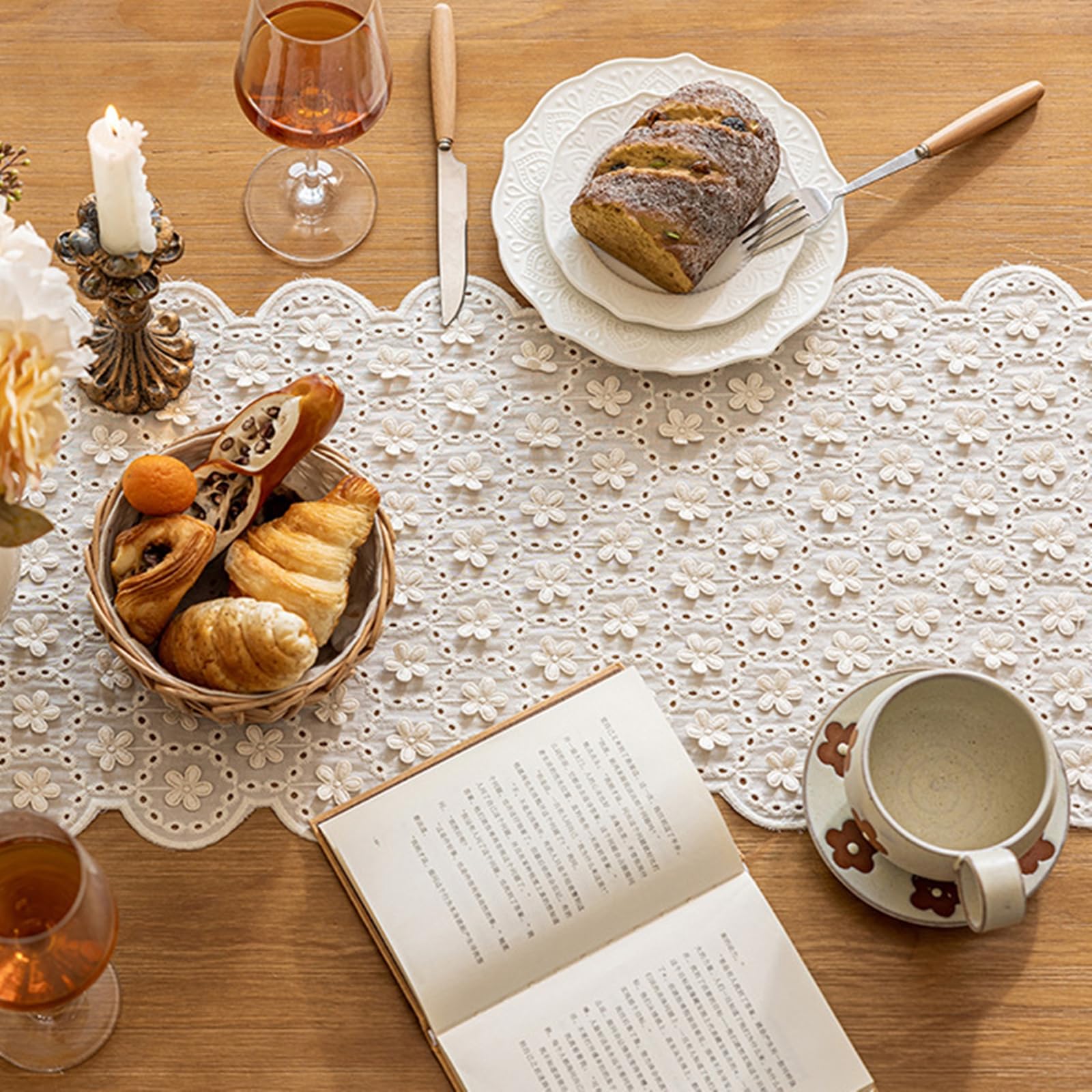 Runner da Tavolo Cotone 33x160 cm, Runner da Tavola Moderno Lavabile Motivo Fiori 3D A Cerchi Vuoti con Nappe Decorazioni Matrimonio Tavoli per Cucina, Beige Bianco