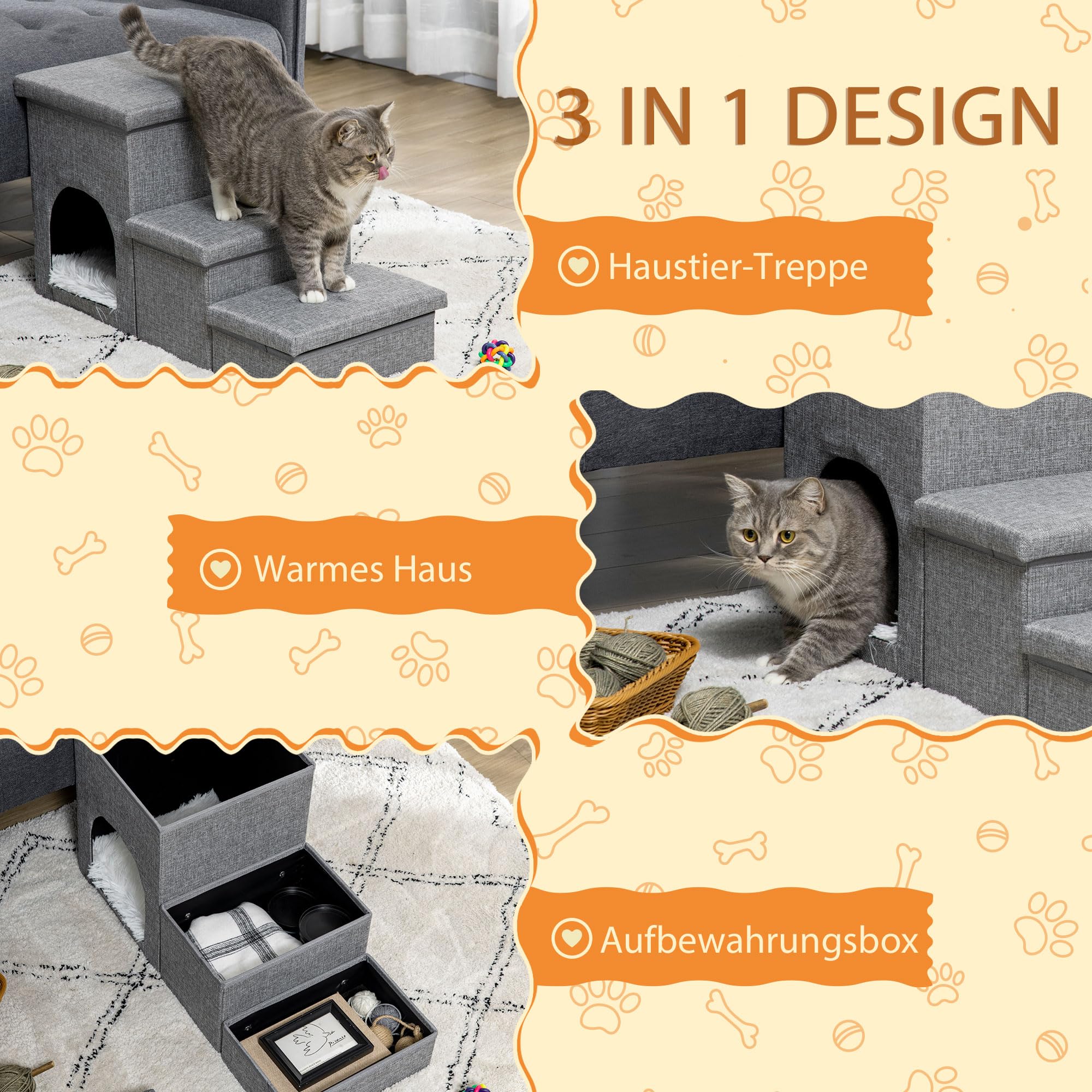 PawHut Hundetreppe 3 Stufen 40,5 cm Hoch Kissen für Kleine Hunde Hellgrau | Haustiertreppe mit Höhle, Stauraum, Katzentreppe, Hunderampe, Waschbar Bezug, Einstiegshilfe für Bett, Sofa, Couch und Auto
