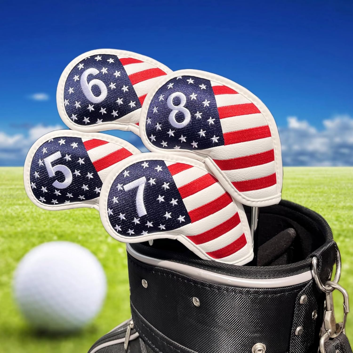 Patriotism US Flag Golf Iron Covers Premium Leather Iron Head Covers Set Headcover 4 5 6 7 8 9 PW SW AW LW Wedge Iron Club Covers fits for Most Brands