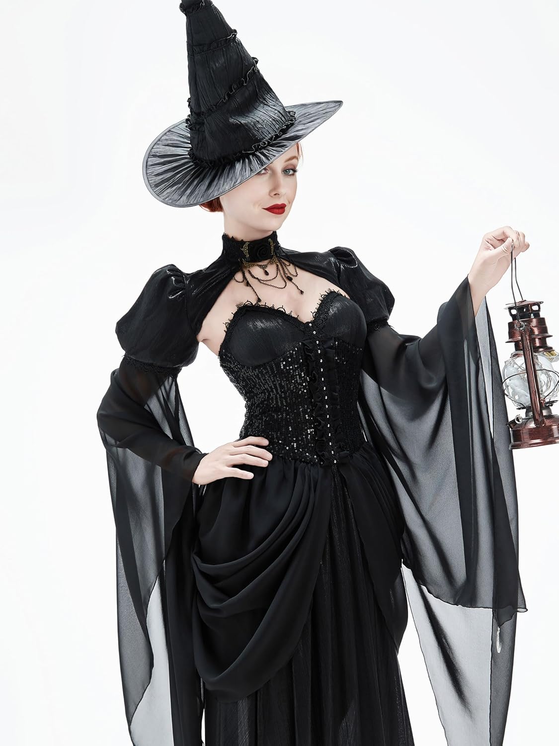 Cosplay.fm Women Witch Costume Black Gothic Dress Medieval Renaissance Dress Halloween Witch Cosplay with Pointed Hat - Image 2