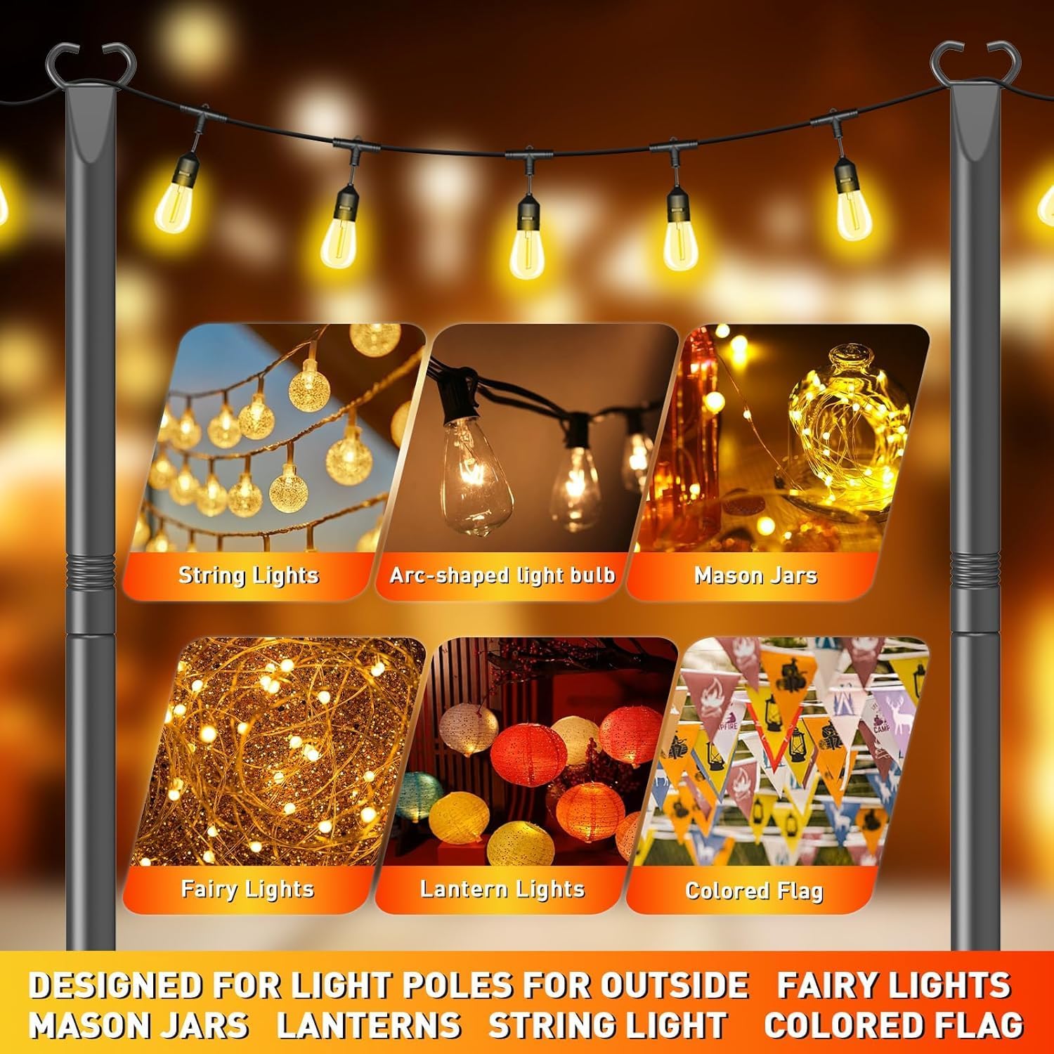 10Ft String Light Poles 4 Pack,Poles for Outdoor String Lights with Fork and Fence Clamp,Hanging Lights Metal Stand Post for Deck Patio Backyard Garden Decorations