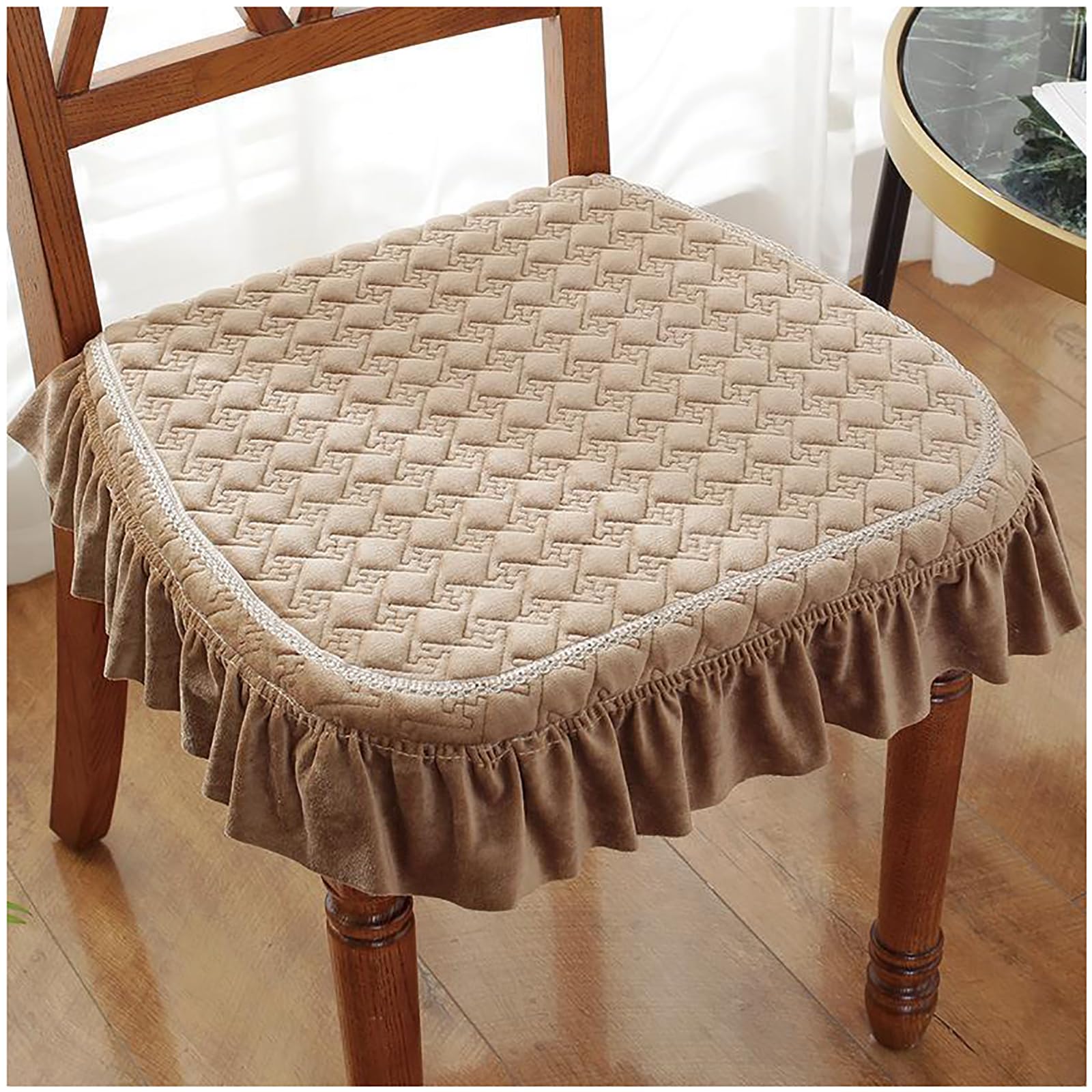 ZTGL Luxury Decorative Chair Cover for Dining Chair Office Chairs, Non Slip European Seat Cushion Thicken Chair Pad with Ties, Square Chair Covers with Lace Ruffle,E2,4 Pack