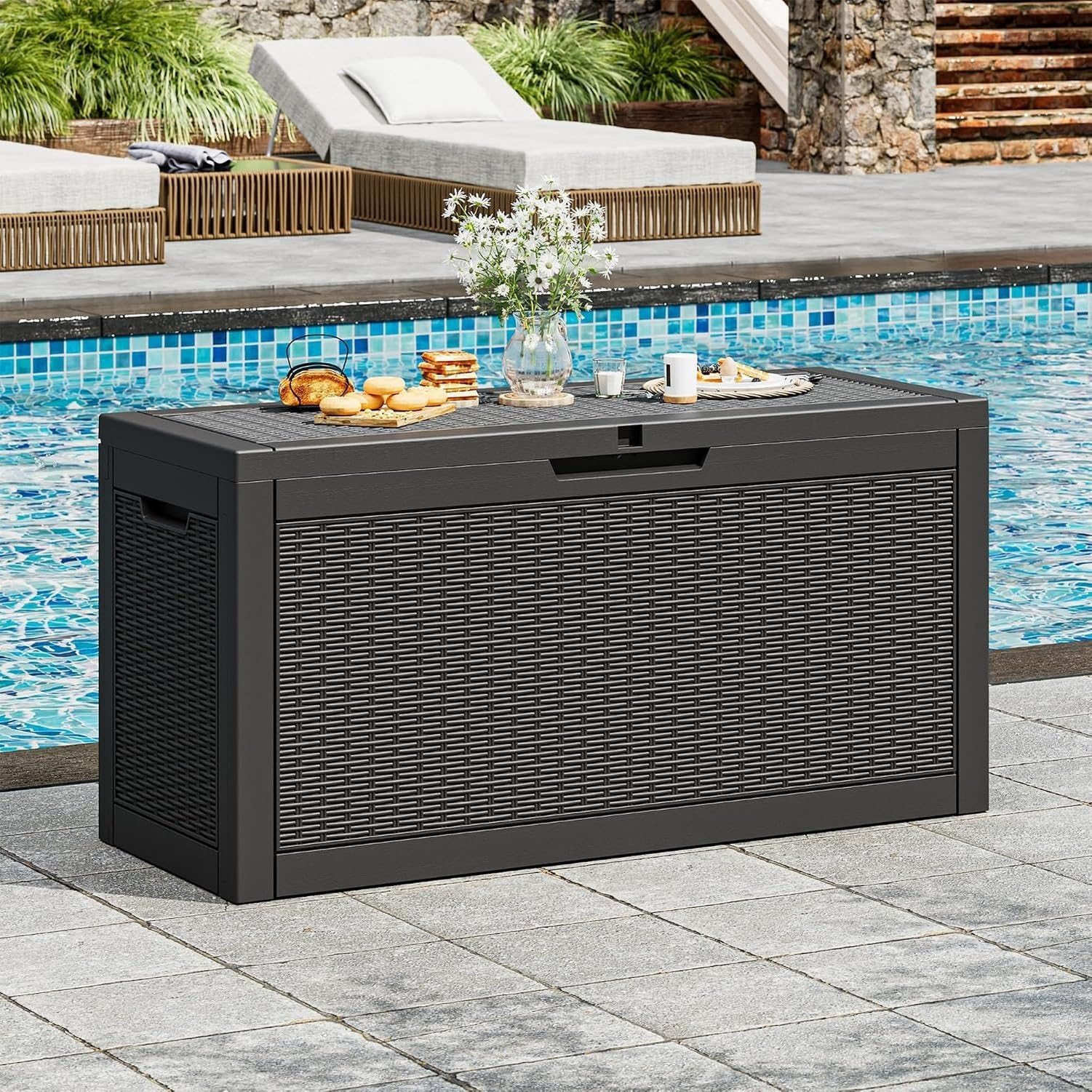 Baulera Exterior Impermeable 130L para Almacenaje Terraza, Ratán Negro