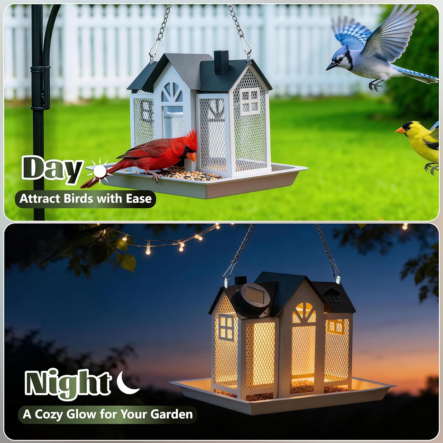 Solar Bird Feeder for Outdoors Hanging – Heavy Duty Metal Wild Bird Feeders with Solar Light & 5 Bird ID Cards – Chew Resistant Seed Feeder for Cardinal, Unique Gifts for Mom