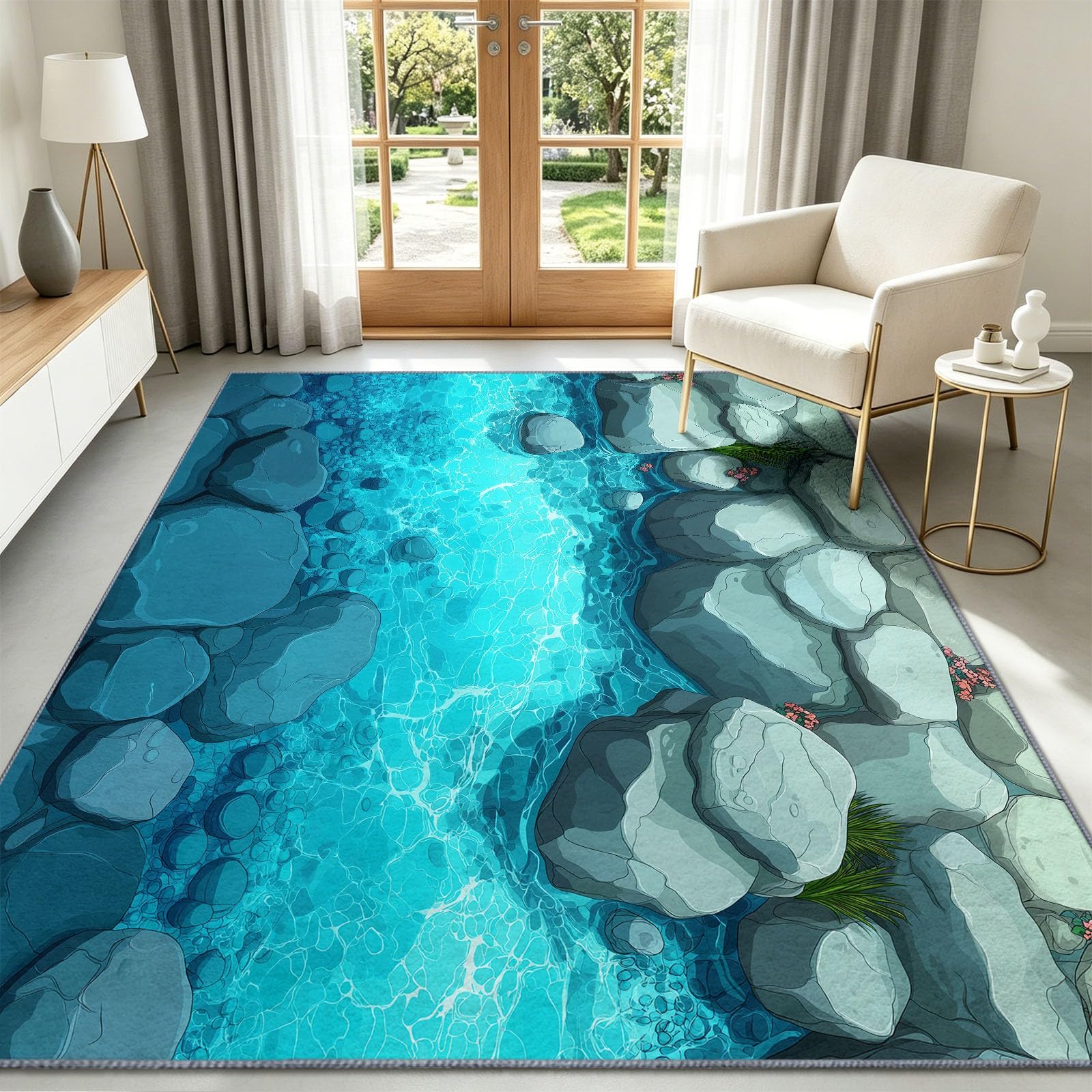 Grand Tapis Salon 140x200cm Piscine Cartoon, Tapis de Salon Lavable en Machine Antidérapant à Poil Ras, Rocher Gris Doux Tapis Chambre Adulte pour Salle à Manger Couloir