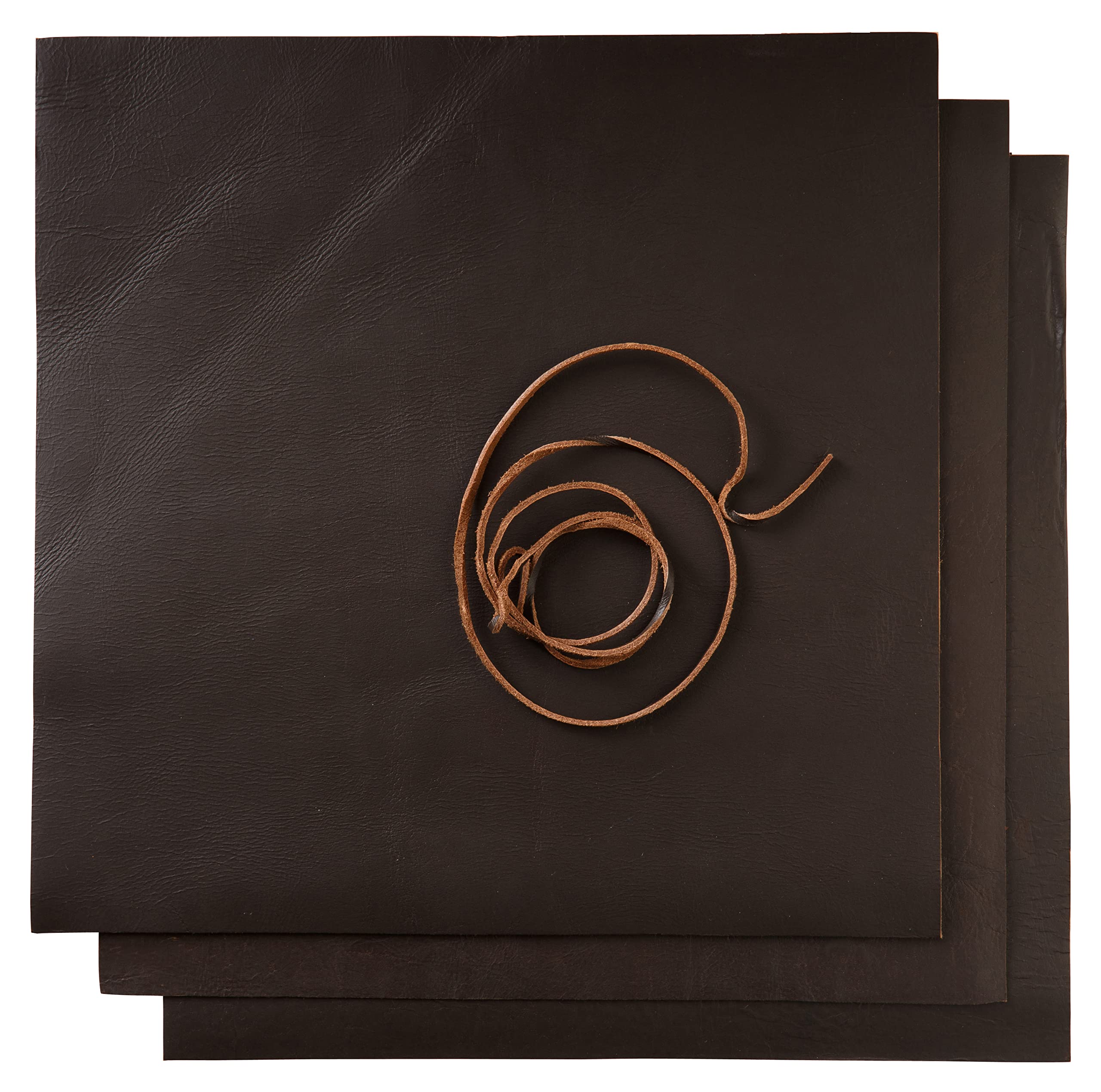 Dark Brown Leather Sheets for Leather Crafts – includes 3 Sheets (12x12")+ Leather Cord (36") - Soft Full Grain Buffalo Leather Squares - Durable and Great for Jewelry, Leather Wallets, Arts & Crafts