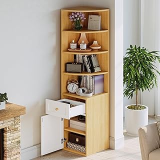 IRONCK Corner Bookshelf and Bookcase, 71" H Wooden Book Shelves 4 Tier with Drawers and Storage Cabinet for Living Room, Office, Bedroom, Oak and White
