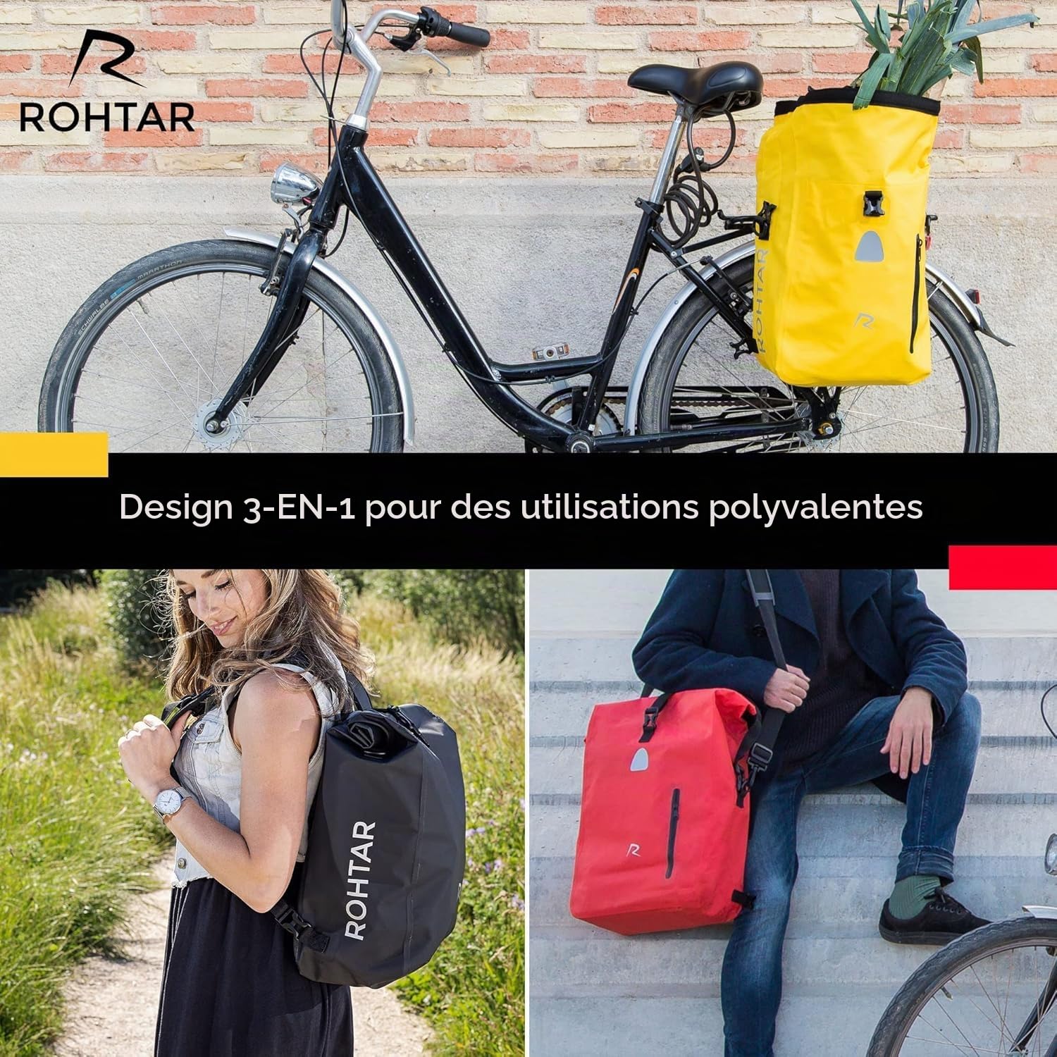 Sacoche de Porte-Bagages de Vélo Convertible en Sac à Dos et Sac Messager - Durable, Hydrofuge et Réfléchissant pour la Sécurité