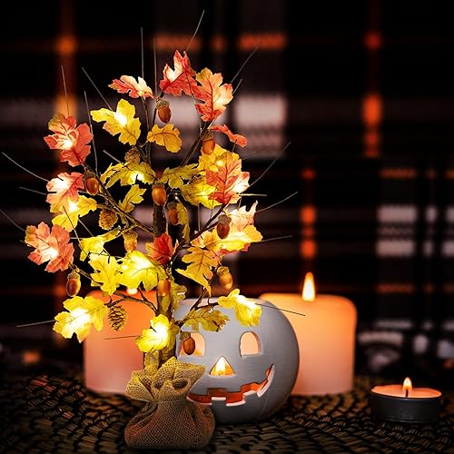 Miniatura 7 de ZSGrowth Paquete de 2 arces de roble iluminado de 24 pulgadas, decoración de otoño, luz LED artificial alimentada por pilas para otoño, Acción de